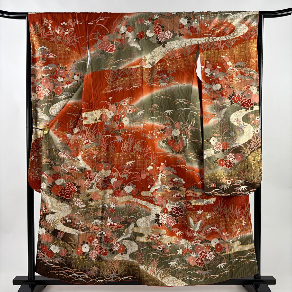 【美品】振袖禮服 身長158.5cm 袖長65cm M 雙層 松樹竹子梅花 仙鶴 金絲 金銀彩 朱 純蠶絲 秀品級