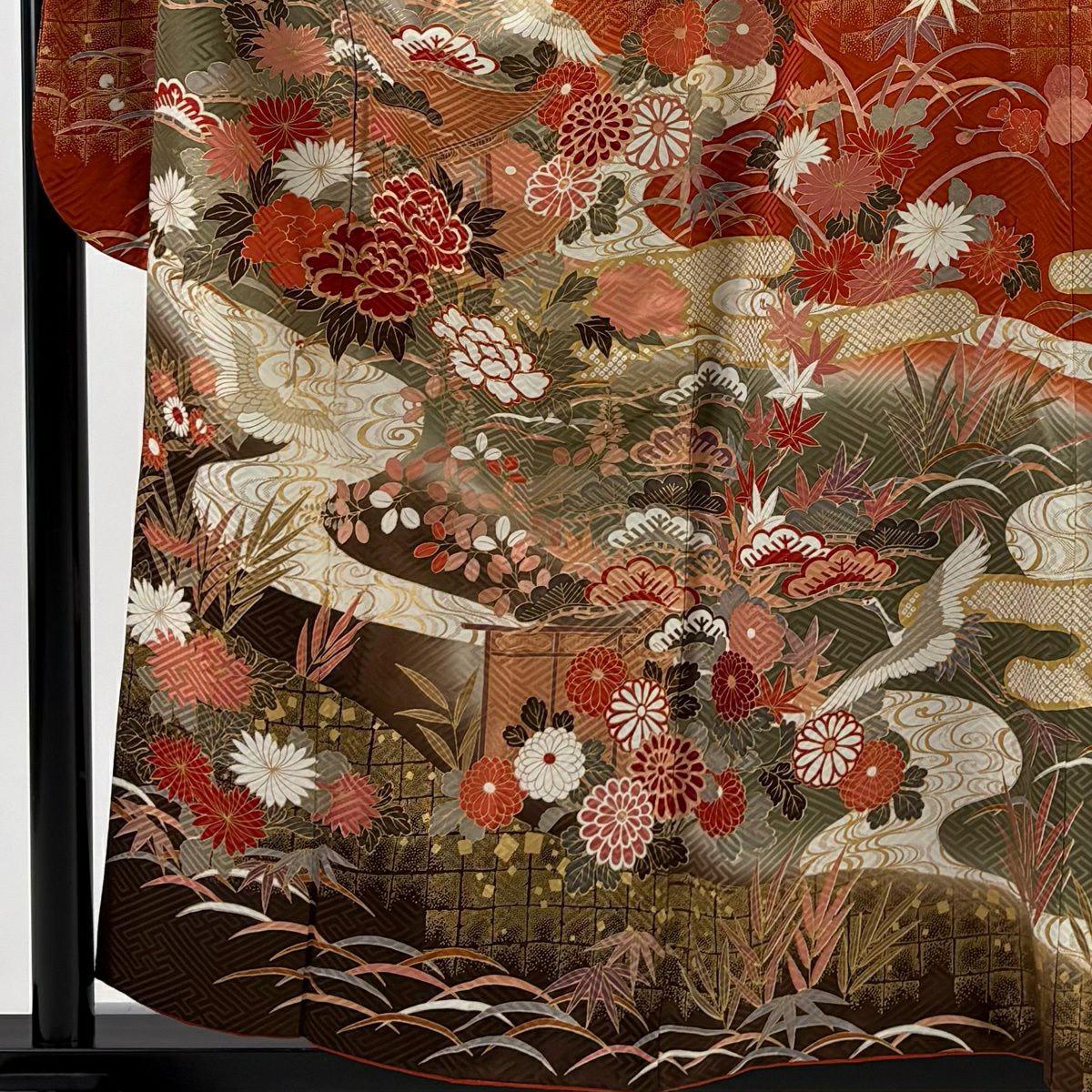 【美品】振袖禮服 身長158.5cm 袖長65cm M 雙層 松樹竹子梅花 仙鶴 金絲 金銀彩 朱 純蠶絲 秀品級