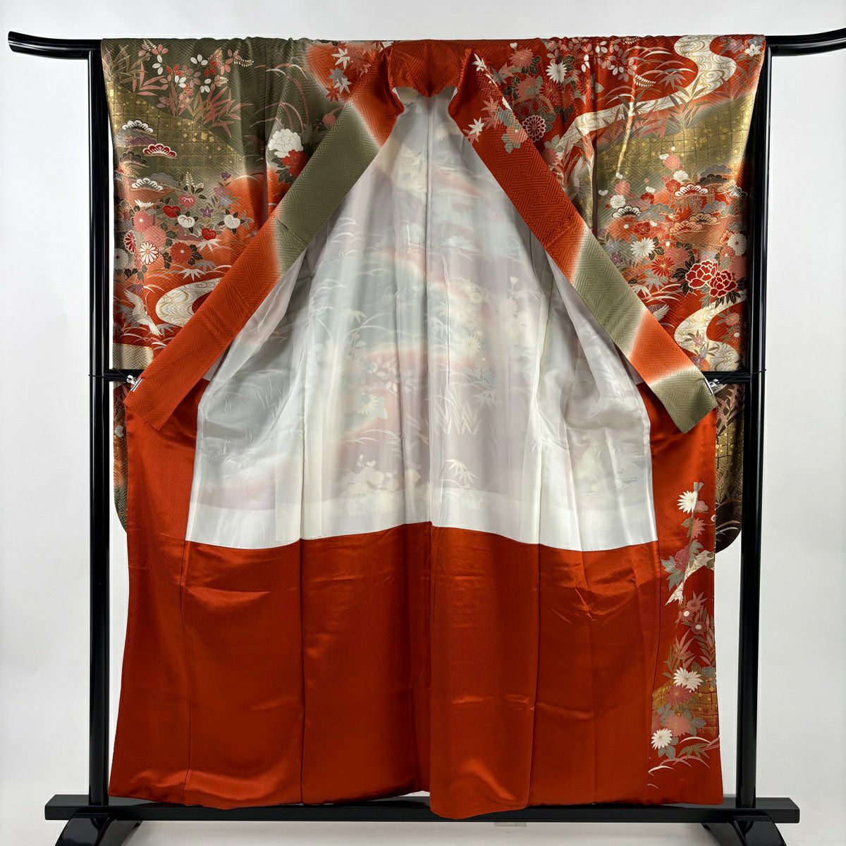 【美品】振袖禮服 身長158.5cm 袖長65cm M 雙層 松樹竹子梅花 仙鶴 金絲 金銀彩 朱 純蠶絲 秀品級