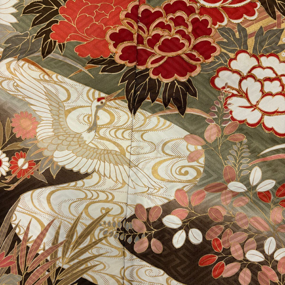 【美品】振袖禮服 身長158.5cm 袖長65cm M 雙層 松樹竹子梅花 仙鶴 金絲 金銀彩 朱 純蠶絲 秀品級