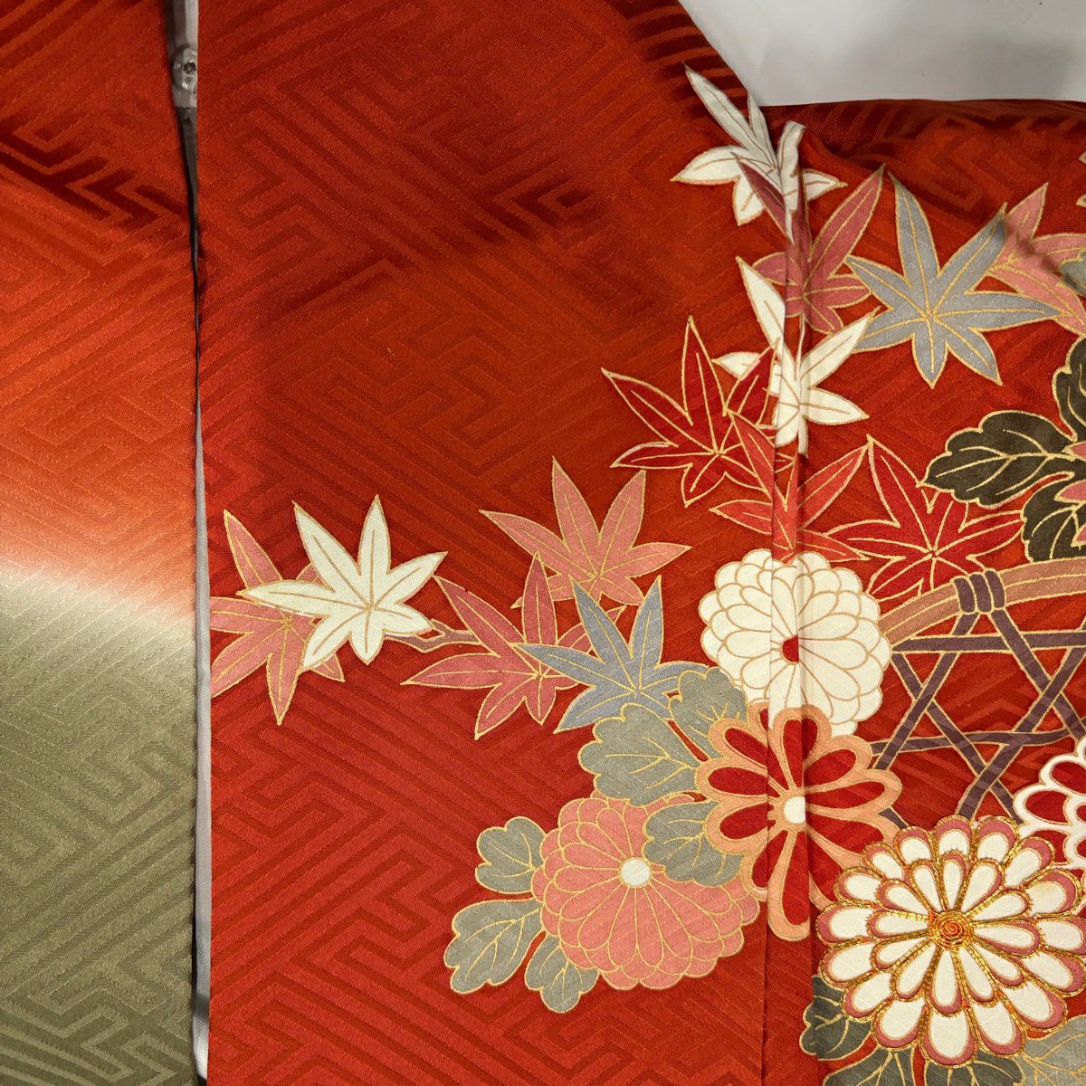 【美品】振袖禮服 身長158.5cm 袖長65cm M 雙層 松樹竹子梅花 仙鶴 金絲 金銀彩 朱 純蠶絲 秀品級