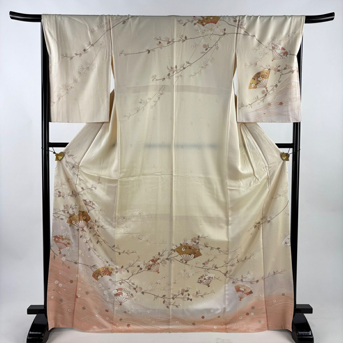 【美品】訪問服 身長173cm 袖長67.5cm L 雙層 扇子 草花紋紋 金彩裝飾 漸層 奶油色 純蠶絲 優品級
