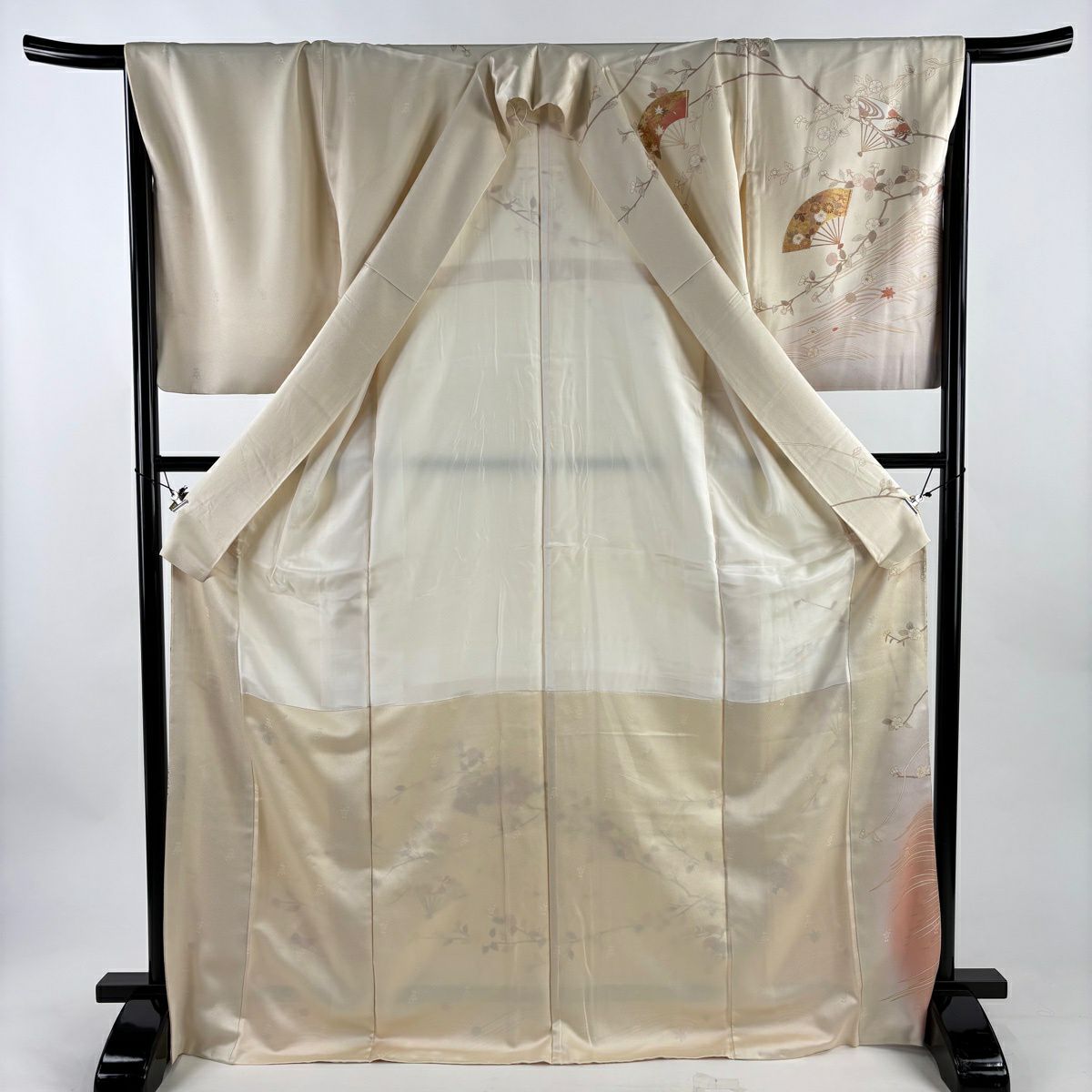 【美品】訪問服 身長173cm 袖長67.5cm L 雙層 扇子 草花紋紋 金彩裝飾 漸層 奶油色 純蠶絲 優品級