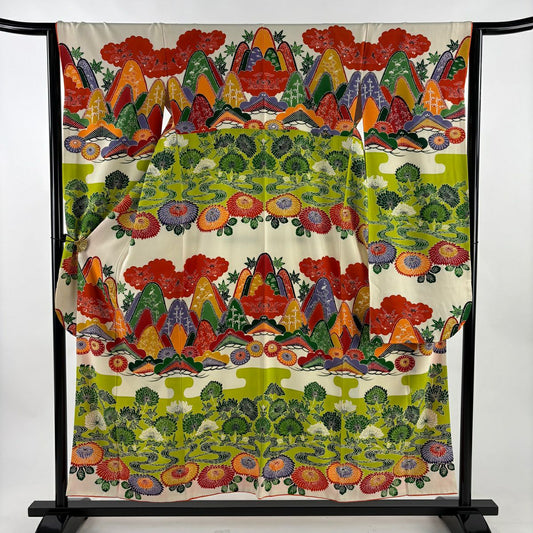 【美品】振袖禮服 身長155cm 袖長63cm S 雙層 山並 松樹 奶油色 純蠶絲 優品級