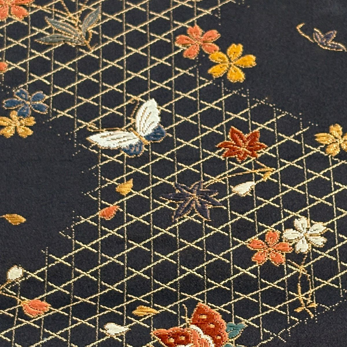 【美品】半幅帶 優品級 せいこ花帶 蝶 櫻花 金糸 金金箔 茶紫 純蠶絲