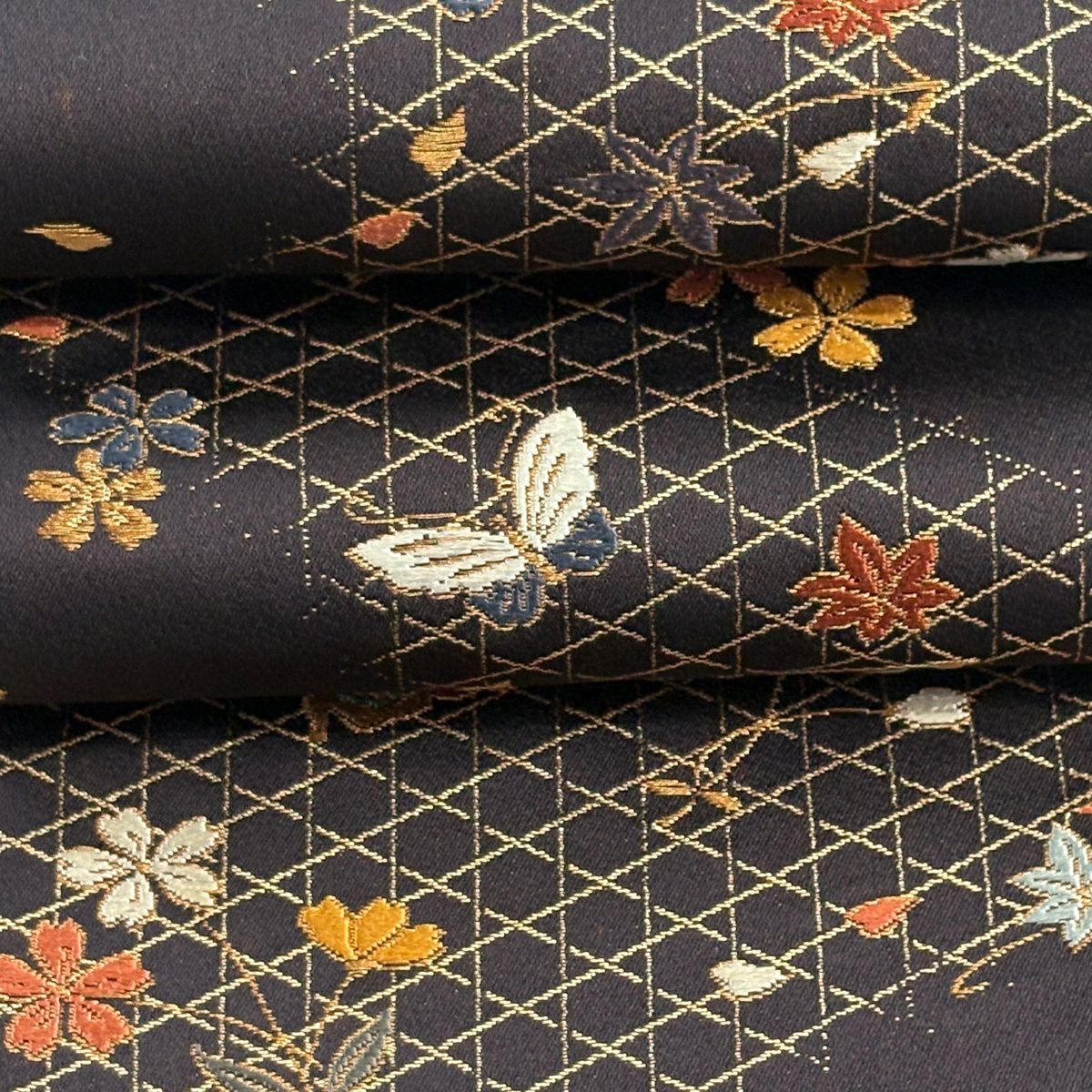 【美品】半幅帶 優品級 せいこ花帶 蝶 櫻花 金糸 金金箔 茶紫 純蠶絲