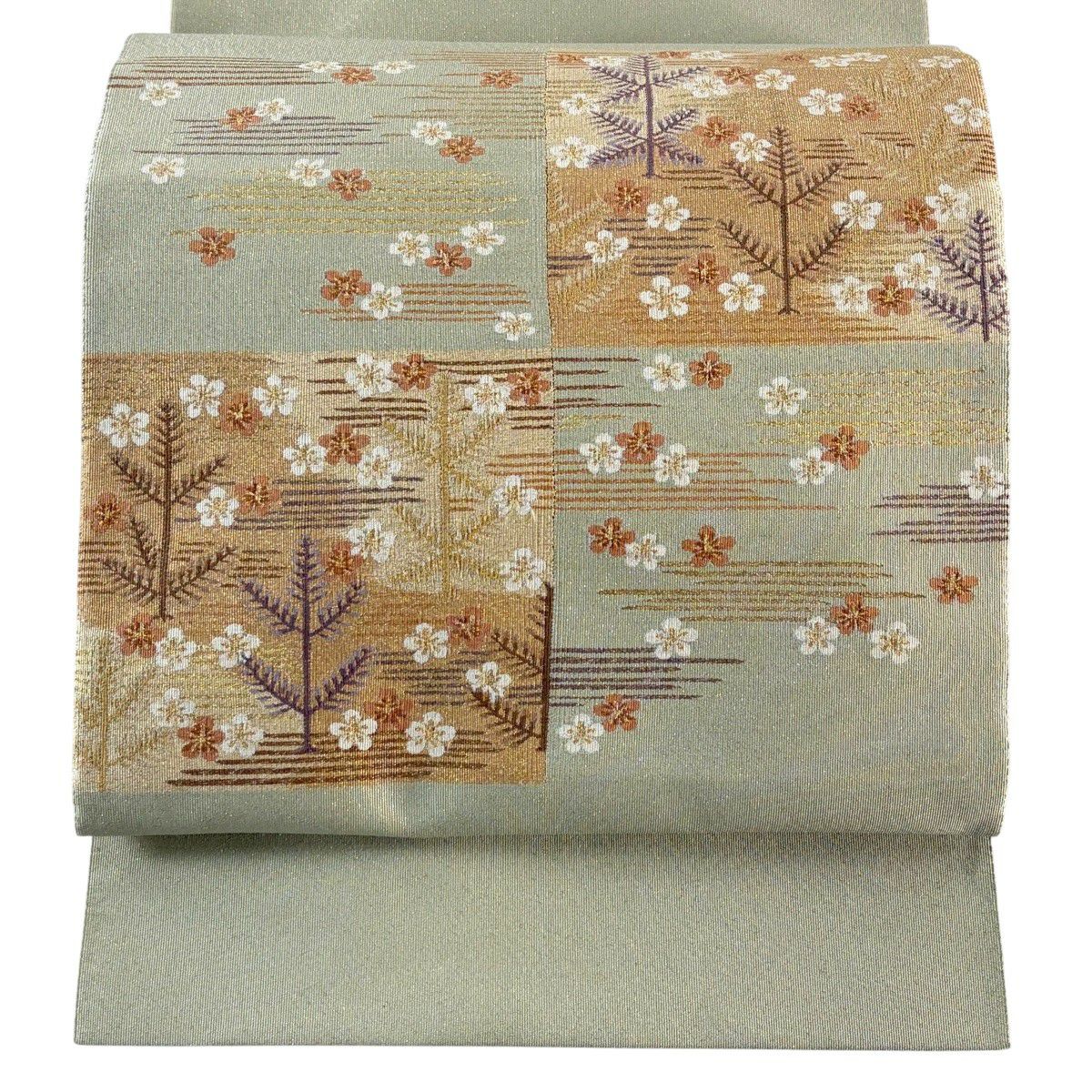 【美品】 名古屋帶 秀品級 八寸名古屋帶 松樹葉仕立 若松樹 梅花 金糸 灰綠 純蠶絲