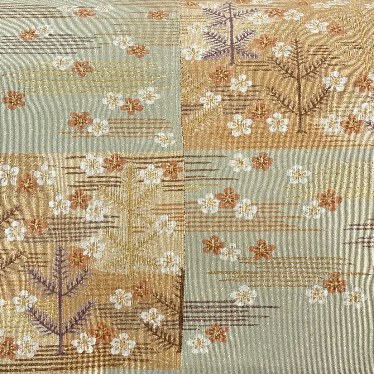 【美品】 名古屋帶 秀品級 八寸名古屋帶 松樹葉仕立 若松樹 梅花 金糸 灰綠 純蠶絲