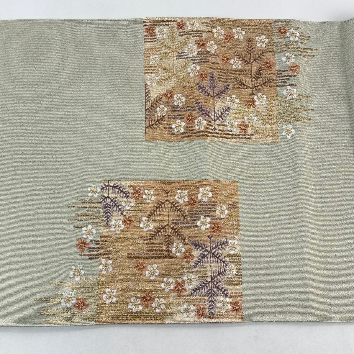 【美品】 名古屋帶 秀品級 八寸名古屋帶 松樹葉仕立 若松樹 梅花 金糸 灰綠 純蠶絲
