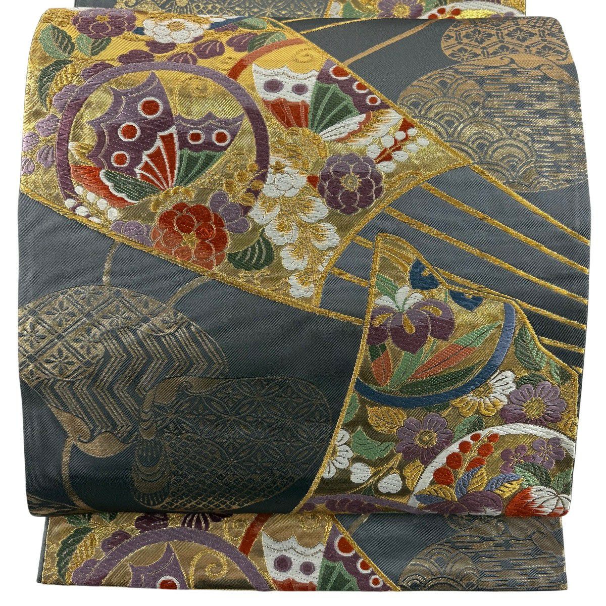 【美品】 袋帶 秀品級 桃山錦 扇子 貝合 金絲 唐織 灰色 六通 純蠶絲