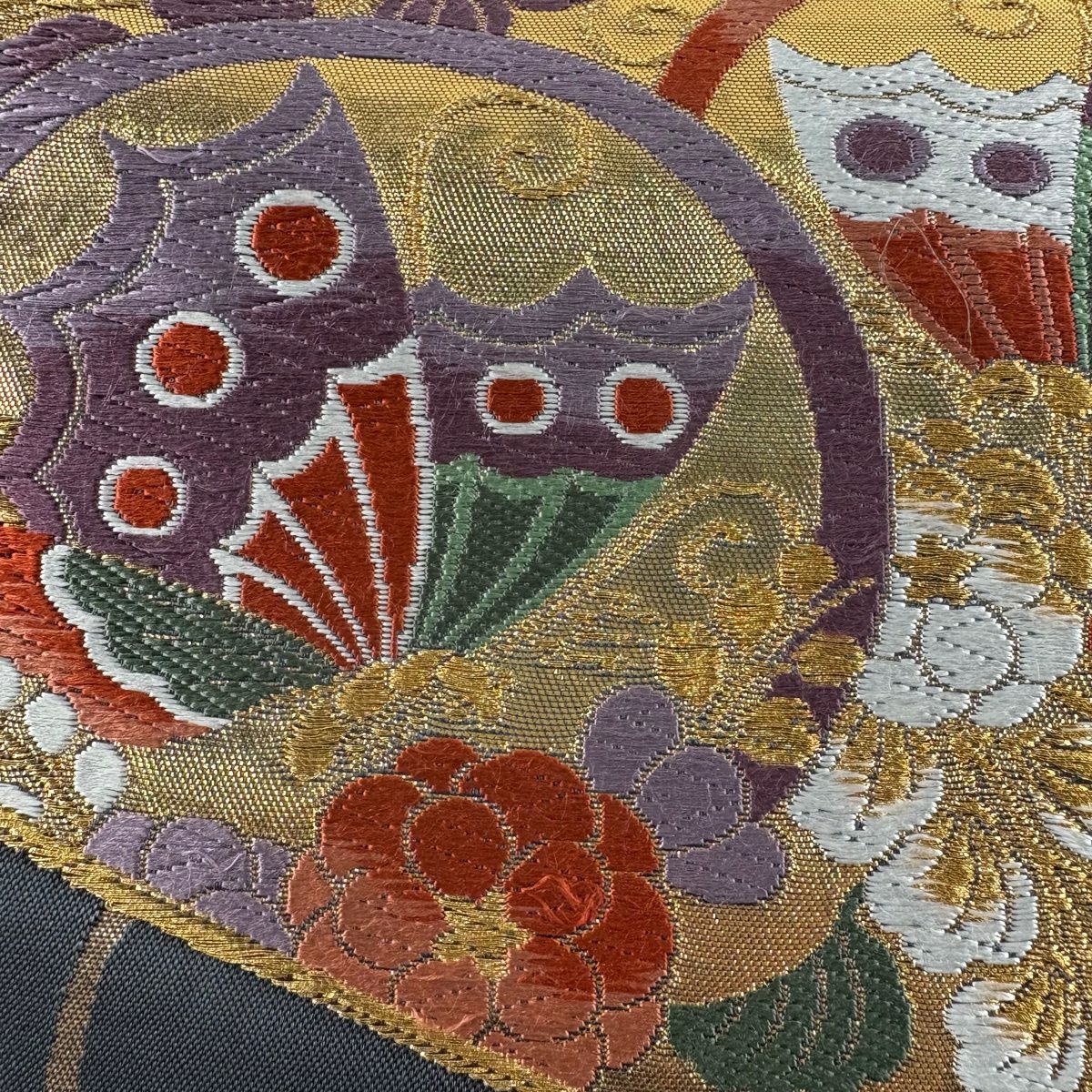 【美品】 袋帶 秀品級 桃山錦 扇子 貝合 金絲 唐織 灰色 六通 純蠶絲