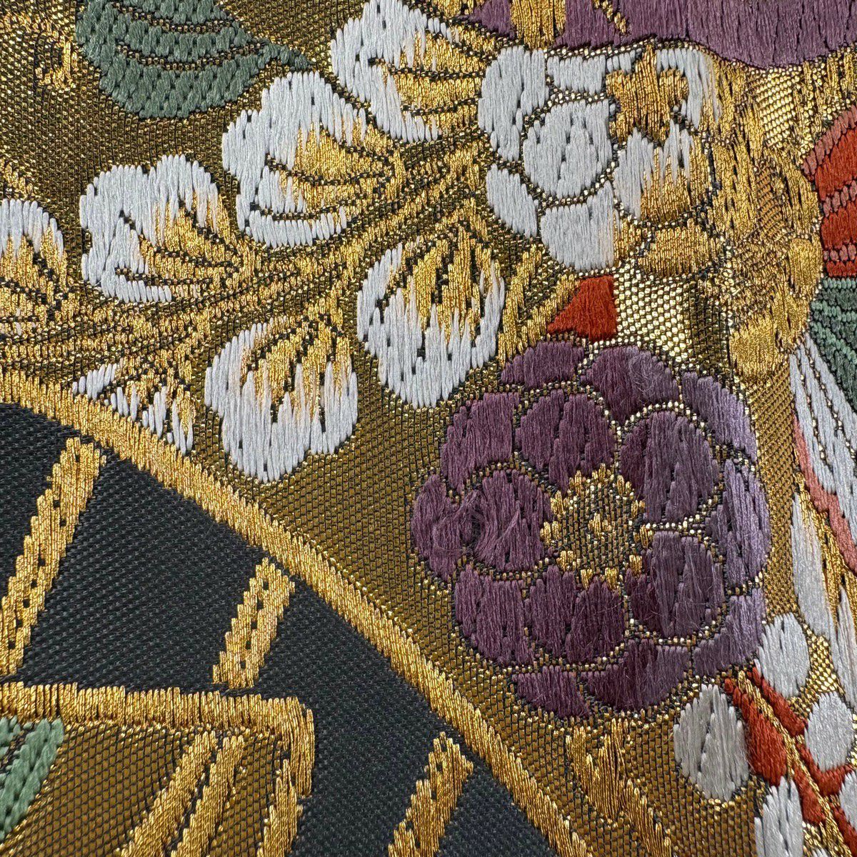【美品】 袋帶 秀品級 桃山錦 扇子 貝合 金絲 唐織 灰色 六通 純蠶絲
