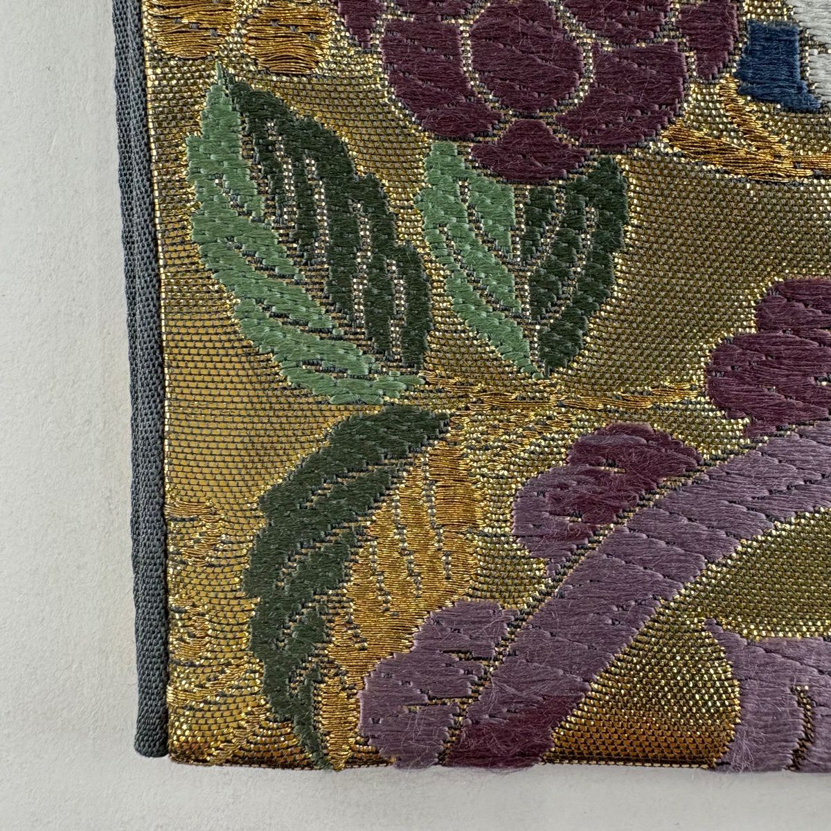 【美品】 袋帶 秀品級 桃山錦 扇子 貝合 金絲 唐織 灰色 六通 純蠶絲