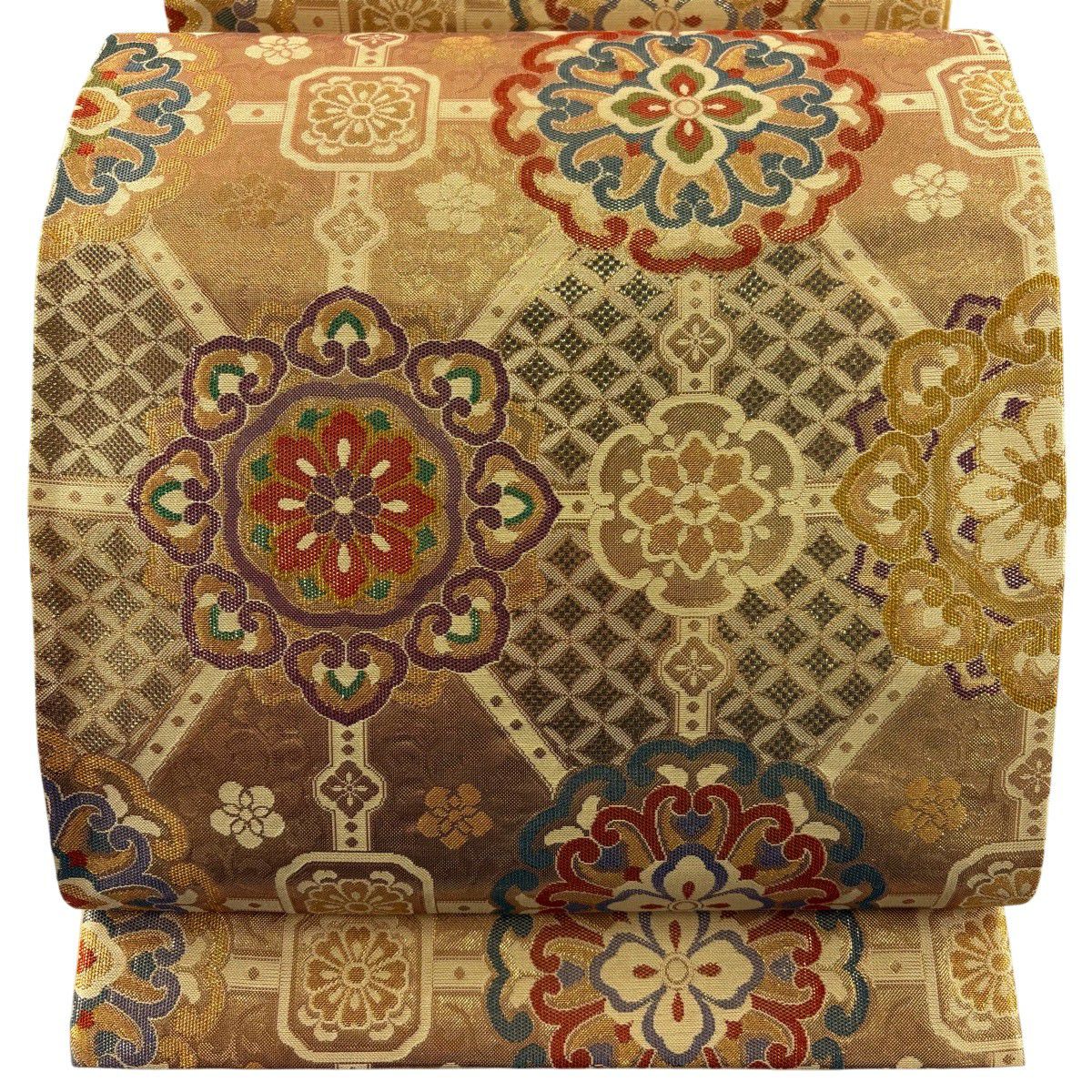 【美品】 袋帶 秀品級 華紋 七寶 金絲 金金箔 金色 六通 純蠶絲