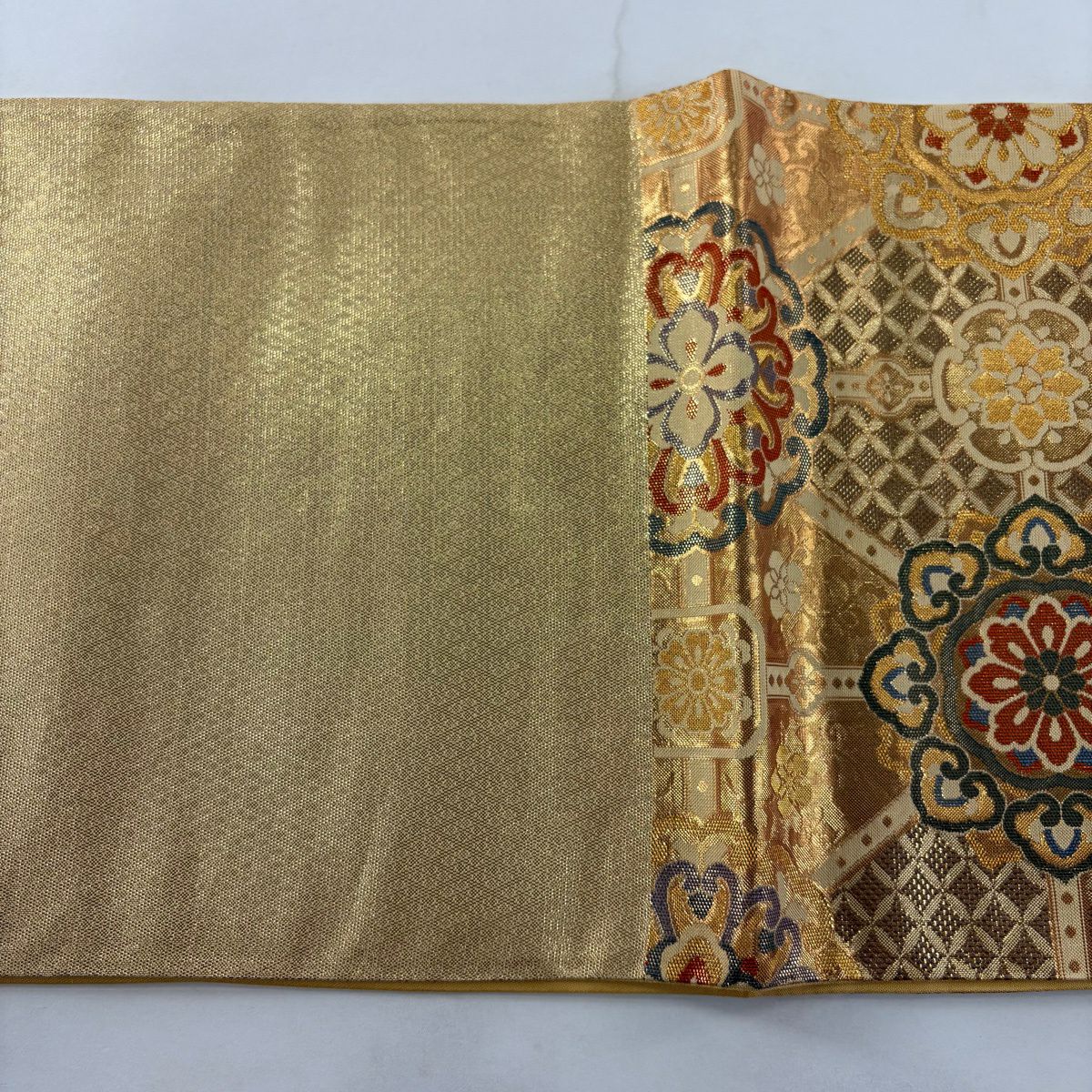 【美品】 袋帶 秀品級 華紋 七寶 金絲 金金箔 金色 六通 純蠶絲