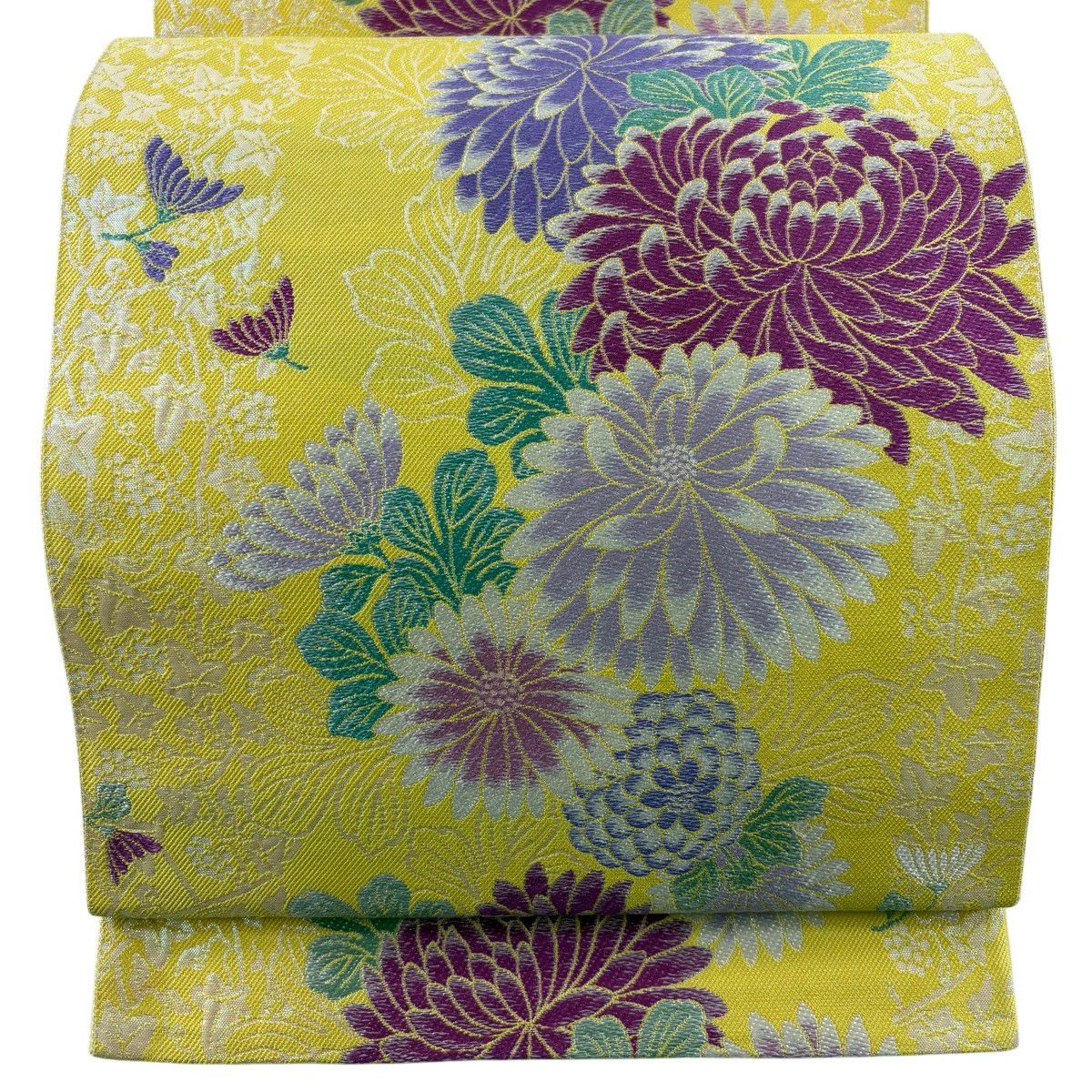 【美品】 袋帶 秀品級 牡丹 菊花 銀線 黃色 六通 純蠶絲