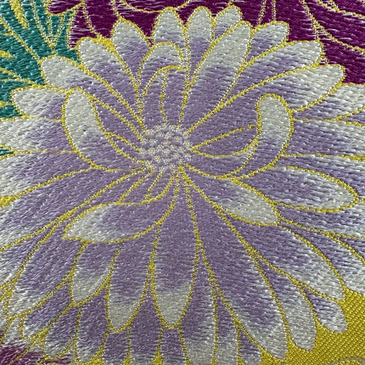【美品】 袋帶 秀品級 牡丹 菊花 銀線 黃色 六通 純蠶絲
