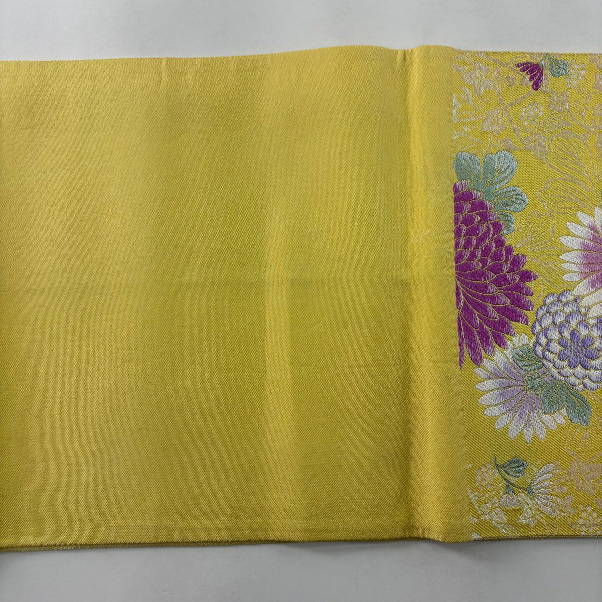 【美品】 袋帶 秀品級 牡丹 菊花 銀線 黃色 六通 純蠶絲