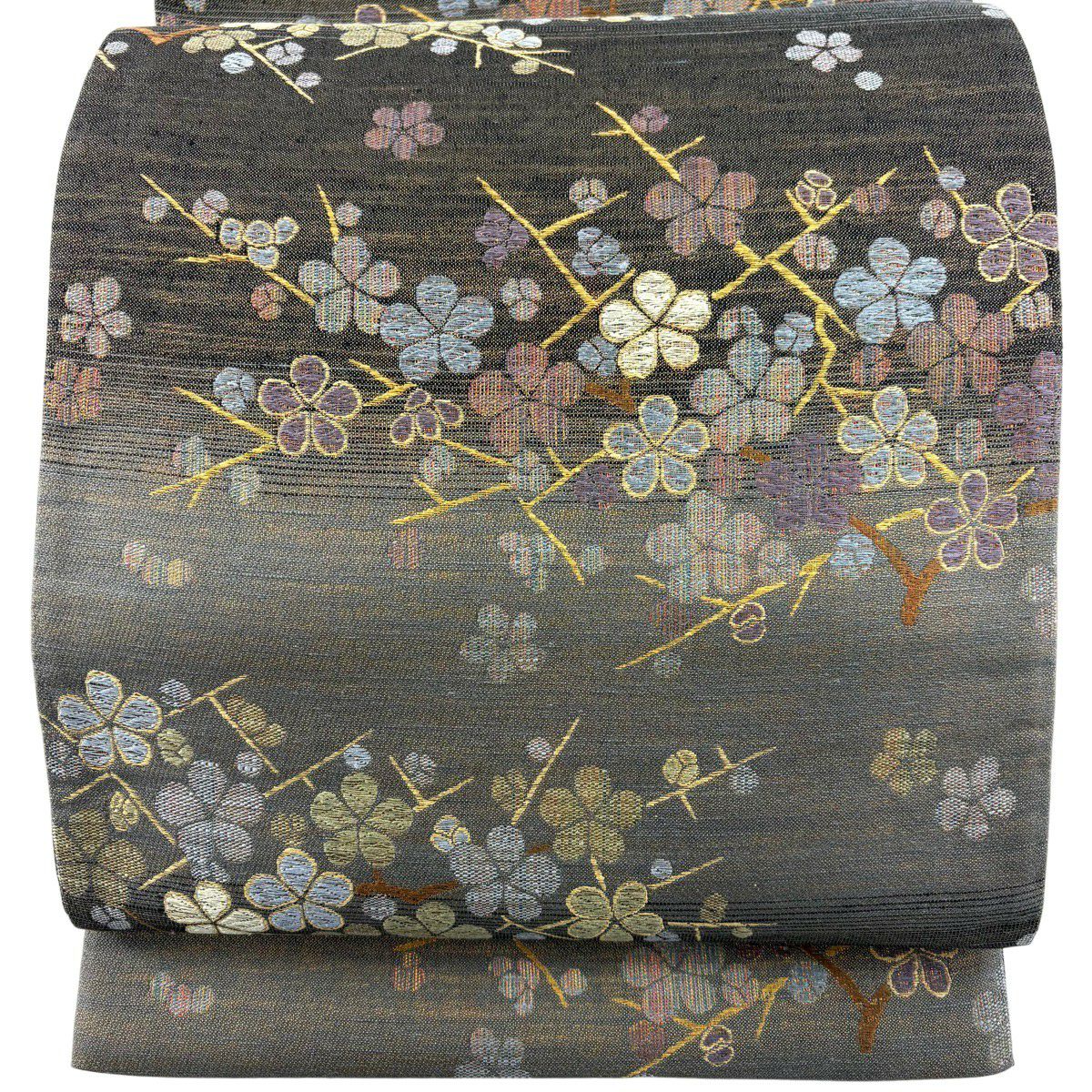 【美品】 袋帶 秀品級 枝梅花 金絲 灰茶 六通 純蠶絲
