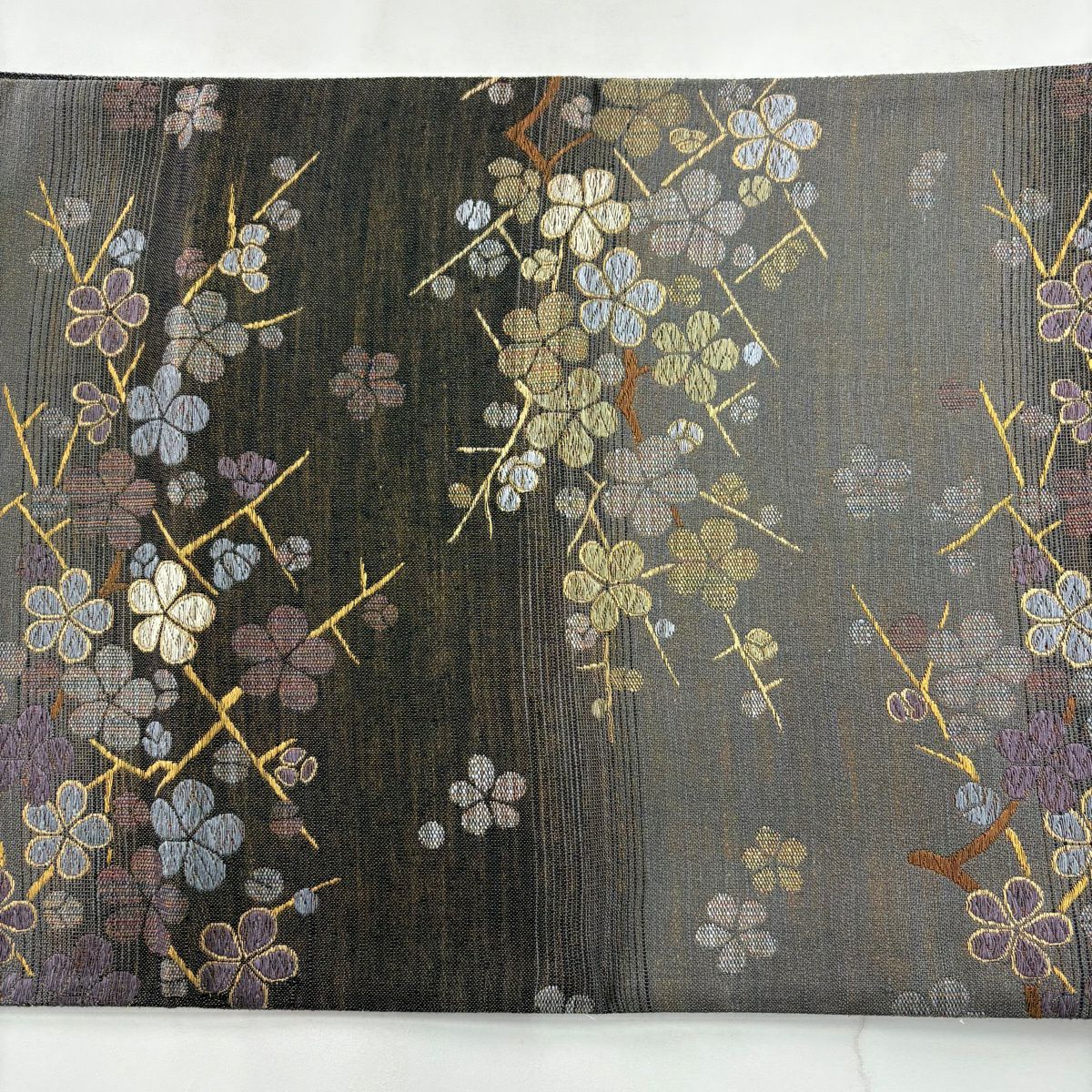 【美品】 袋帶 秀品級 枝梅花 金絲 灰茶 六通 純蠶絲