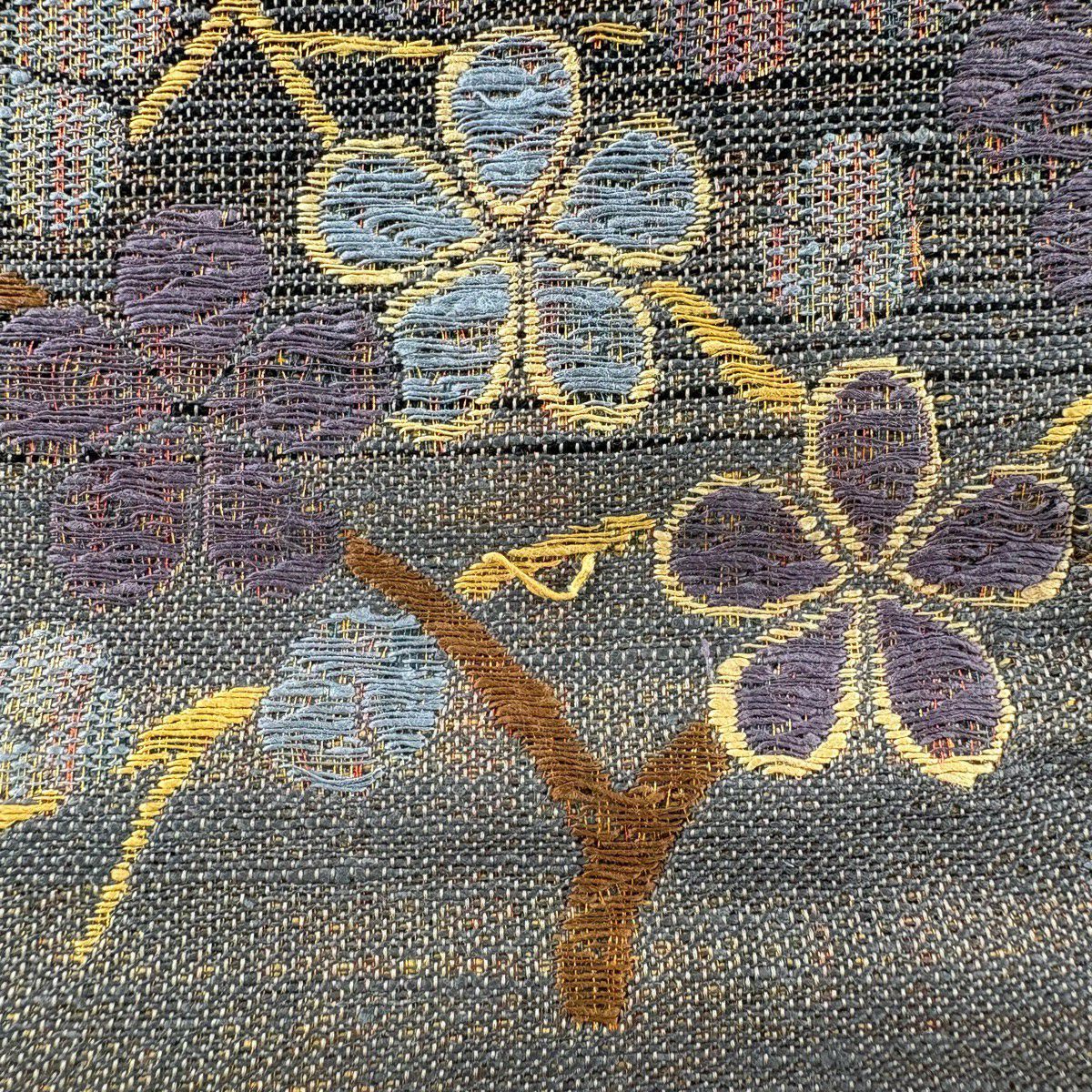 【美品】 袋帶 秀品級 枝梅花 金絲 灰茶 六通 純蠶絲
