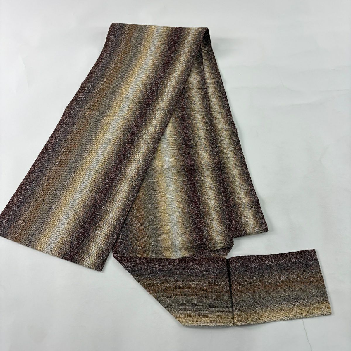 【美品】 名古屋帶 秀品級 八寸名古屋帶 松樹葉仕立 雜色圖案 銀線 茶 純蠶絲