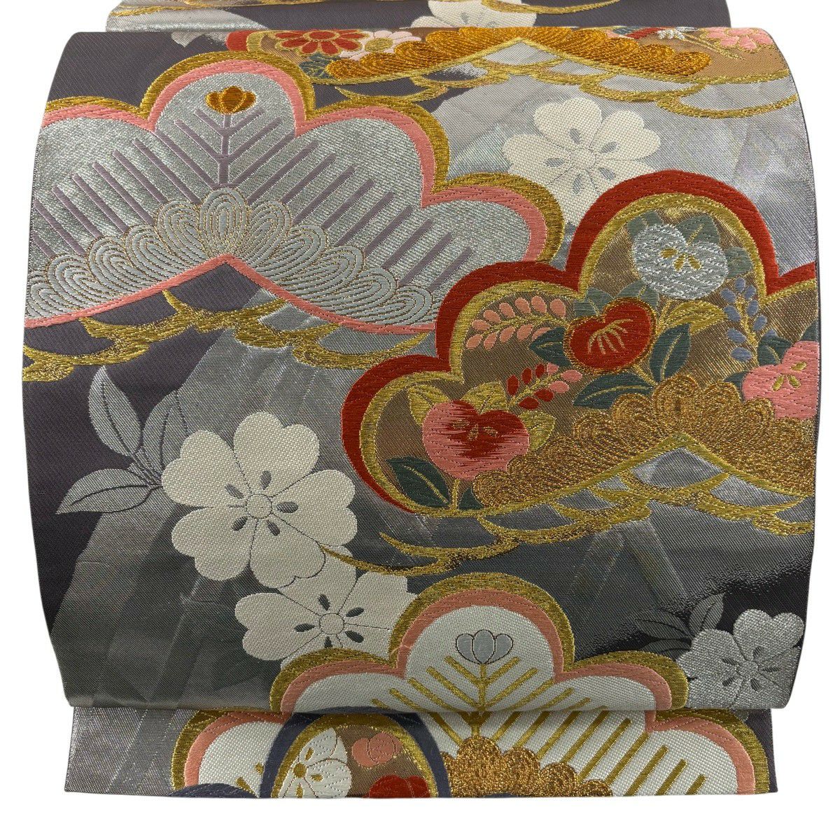 【美品】 袋帶 秀品級 笠松樹 橘 唐織 金銀彩 灰紫 六通 純蠶絲