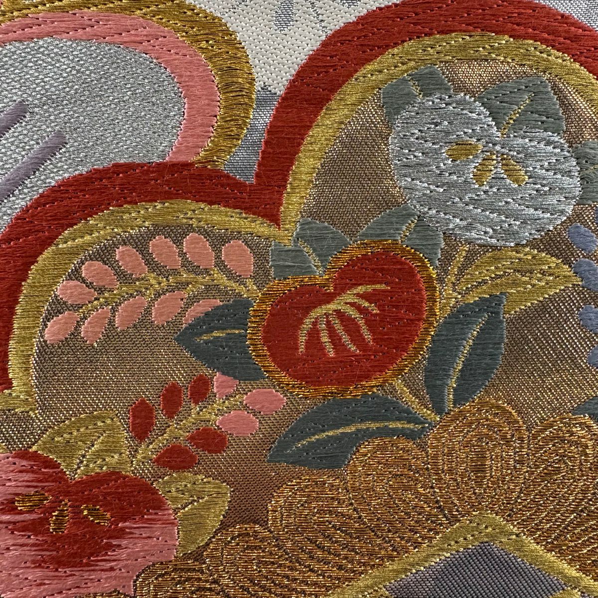 【美品】 袋帶 秀品級 笠松樹 橘 唐織 金銀彩 灰紫 六通 純蠶絲