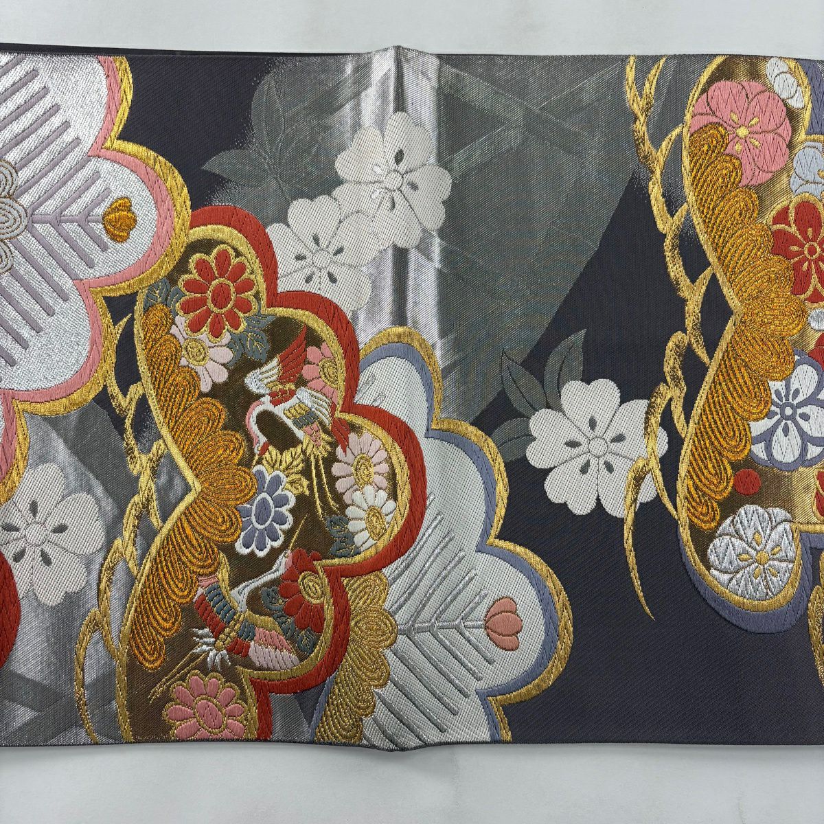 【美品】 袋帶 秀品級 笠松樹 橘 唐織 金銀彩 灰紫 六通 純蠶絲