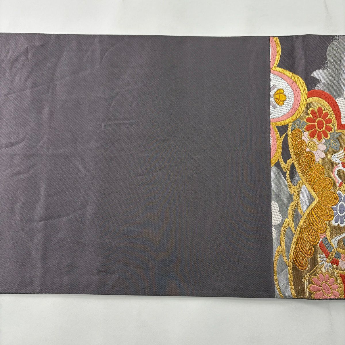 【美品】 袋帶 秀品級 笠松樹 橘 唐織 金銀彩 灰紫 六通 純蠶絲