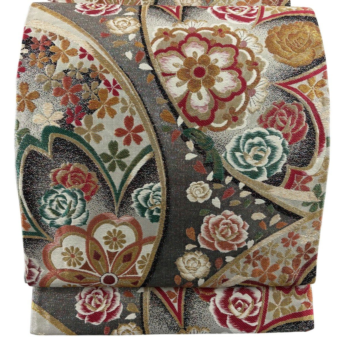 【美品】 袋帶 秀品級 鑽石的光輝 櫻花 玫瑰 金絲 金金箔 銀色 六通 純蠶絲