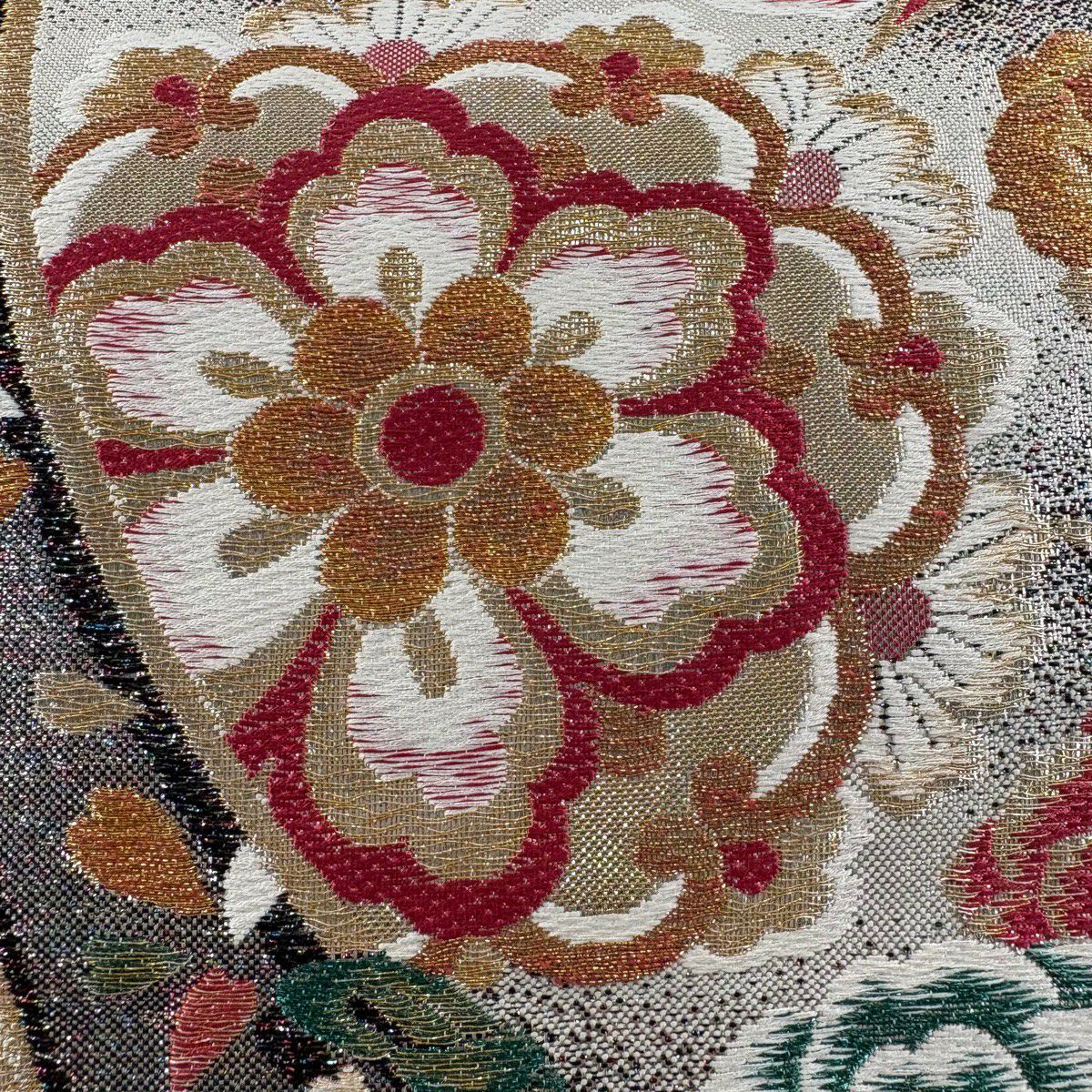 【美品】 袋帶 秀品級 鑽石的光輝 櫻花 玫瑰 金絲 金金箔 銀色 六通 純蠶絲