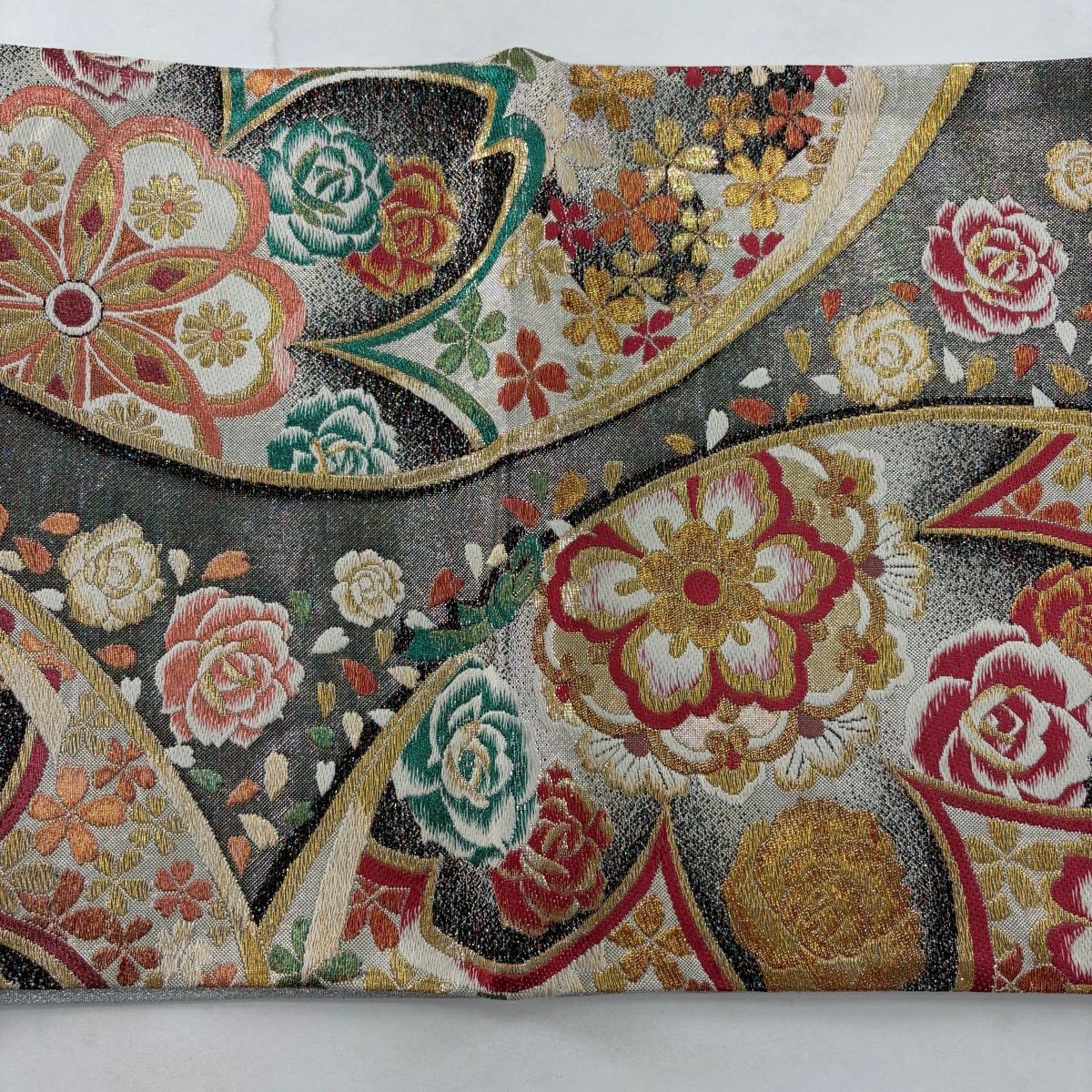 【美品】 袋帶 秀品級 鑽石的光輝 櫻花 玫瑰 金絲 金金箔 銀色 六通 純蠶絲