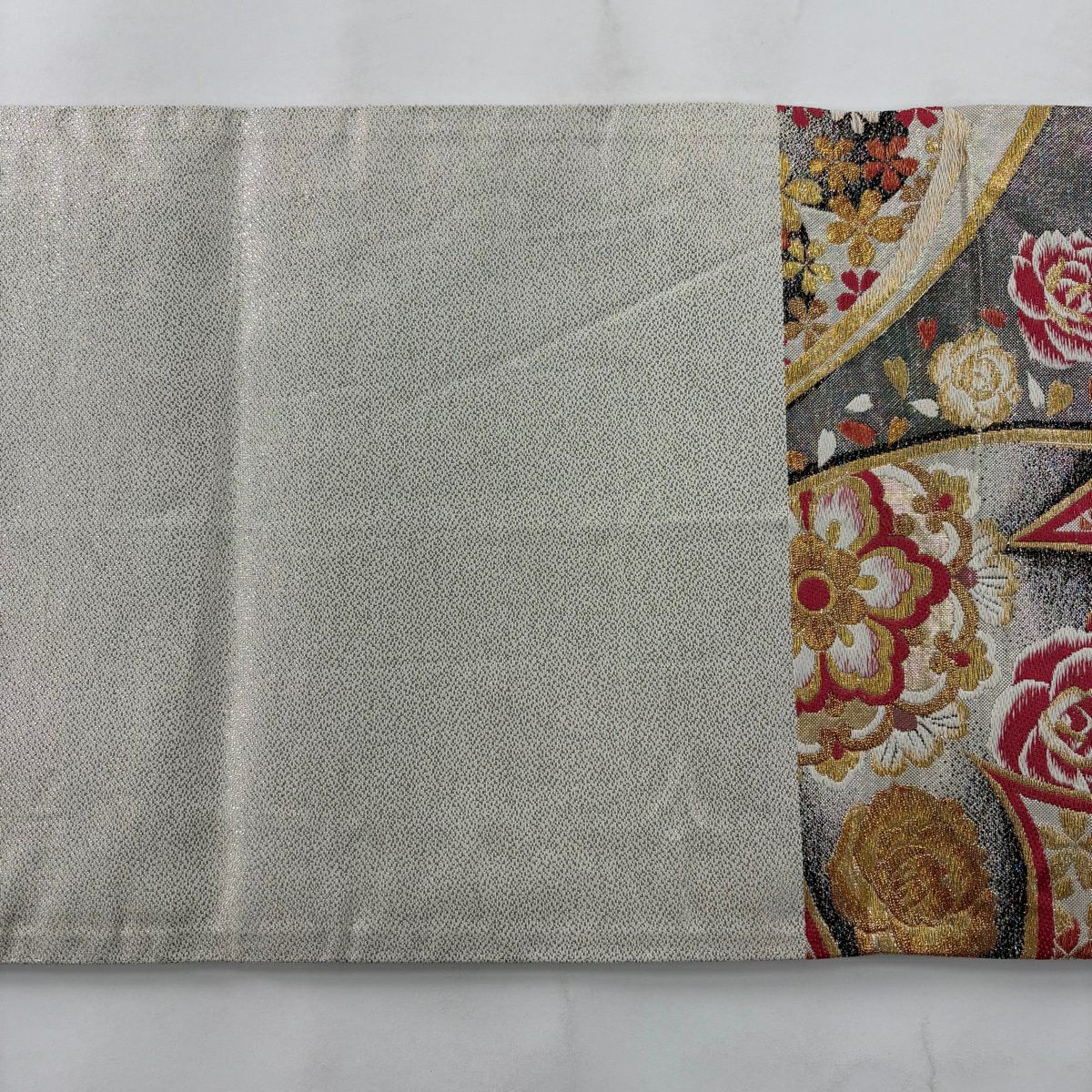 【美品】 袋帶 秀品級 鑽石的光輝 櫻花 玫瑰 金絲 金金箔 銀色 六通 純蠶絲