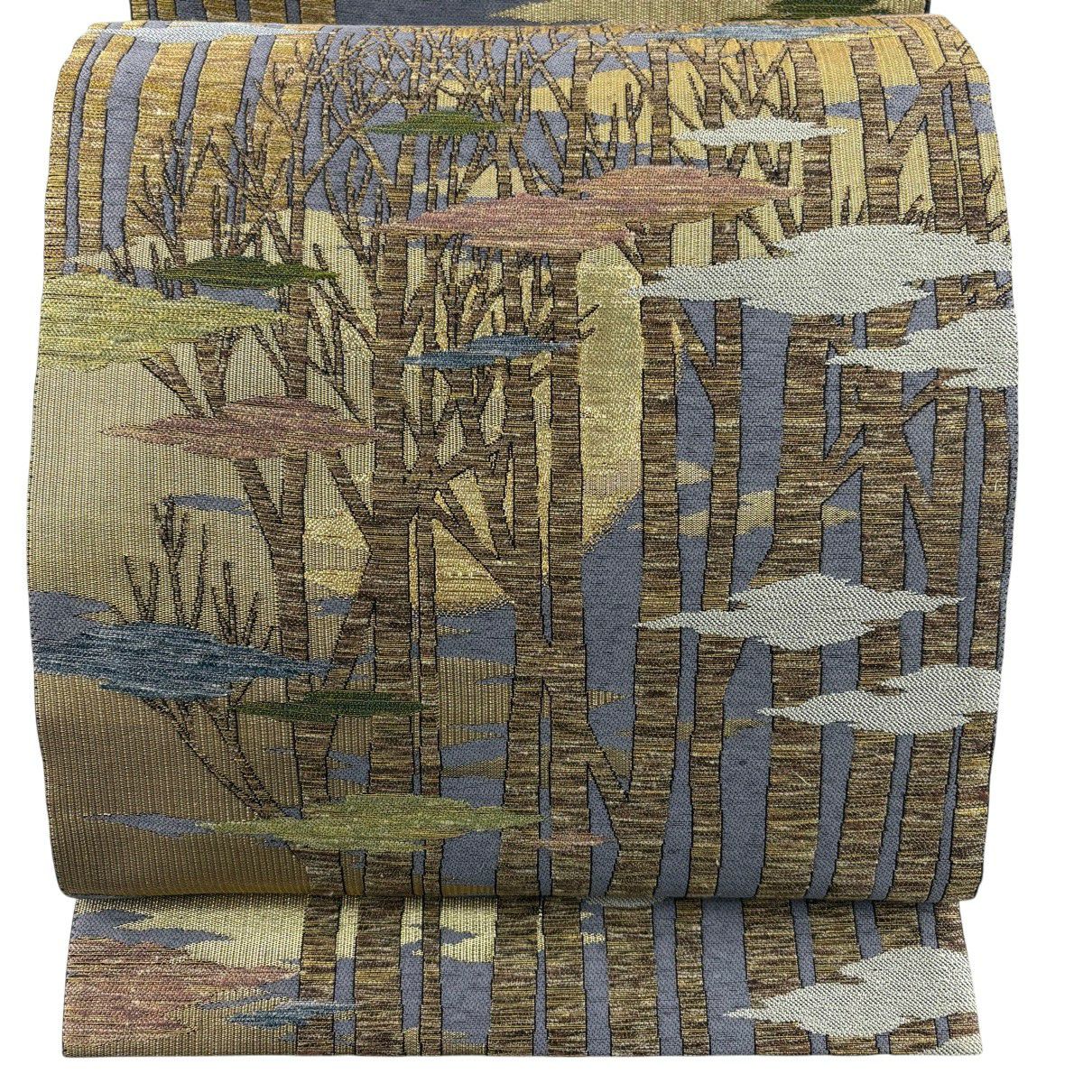 【美品】 袋帶 秀品級 附落款 樹木 雲紋 金金箔 淺茶 細帶圖案 純蠶絲