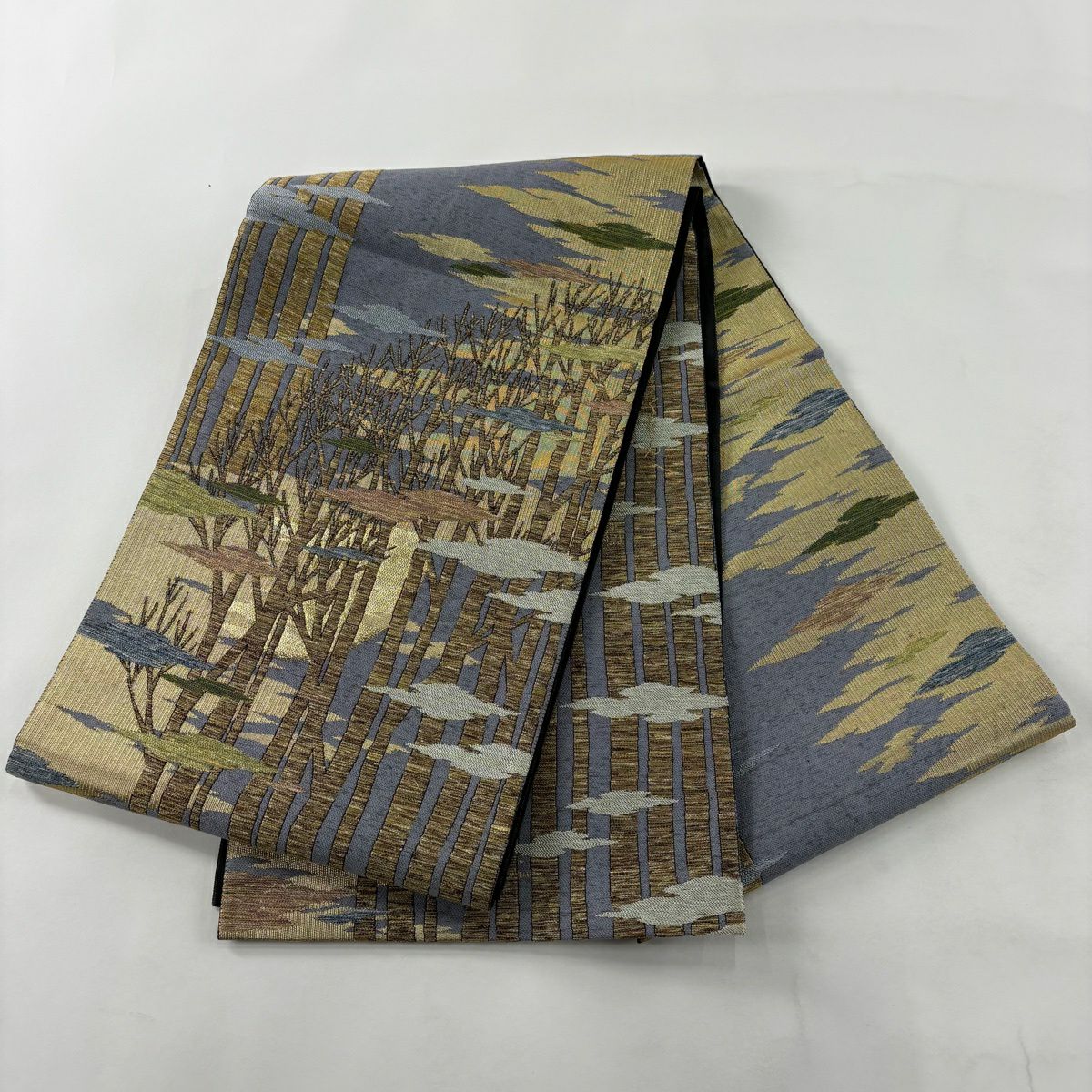 【美品】 袋帶 秀品級 附落款 樹木 雲紋 金金箔 淺茶 細帶圖案 純蠶絲