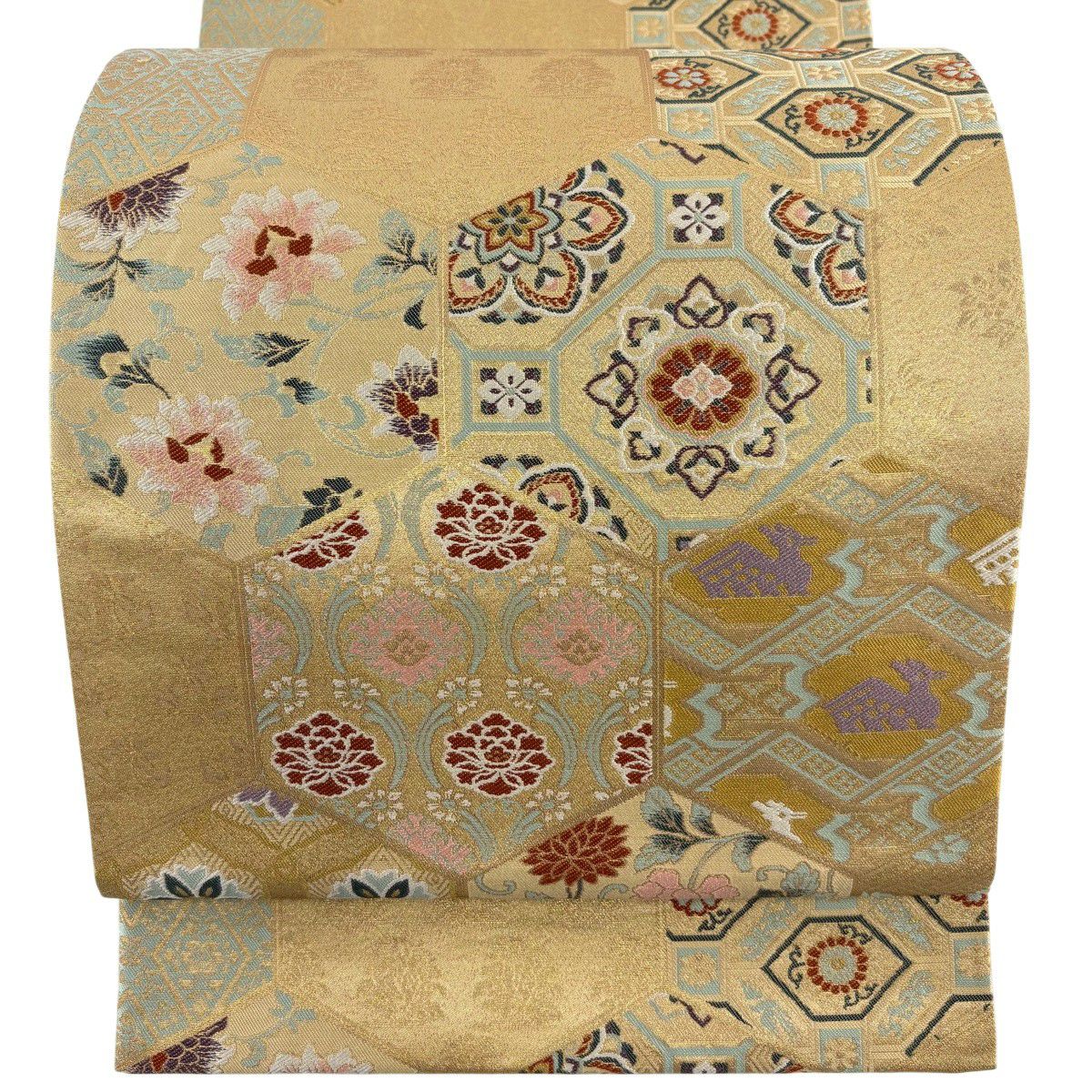 【美品】 袋帶 秀品級 花唐草紋 蜀江華紋 刺繡 金金箔 淺茶 六通 純蠶絲