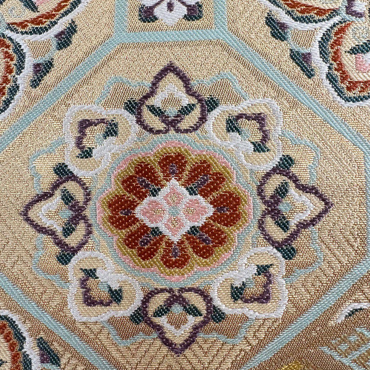 【美品】 袋帶 秀品級 花唐草紋 蜀江華紋 刺繡 金金箔 淺茶 六通 純蠶絲