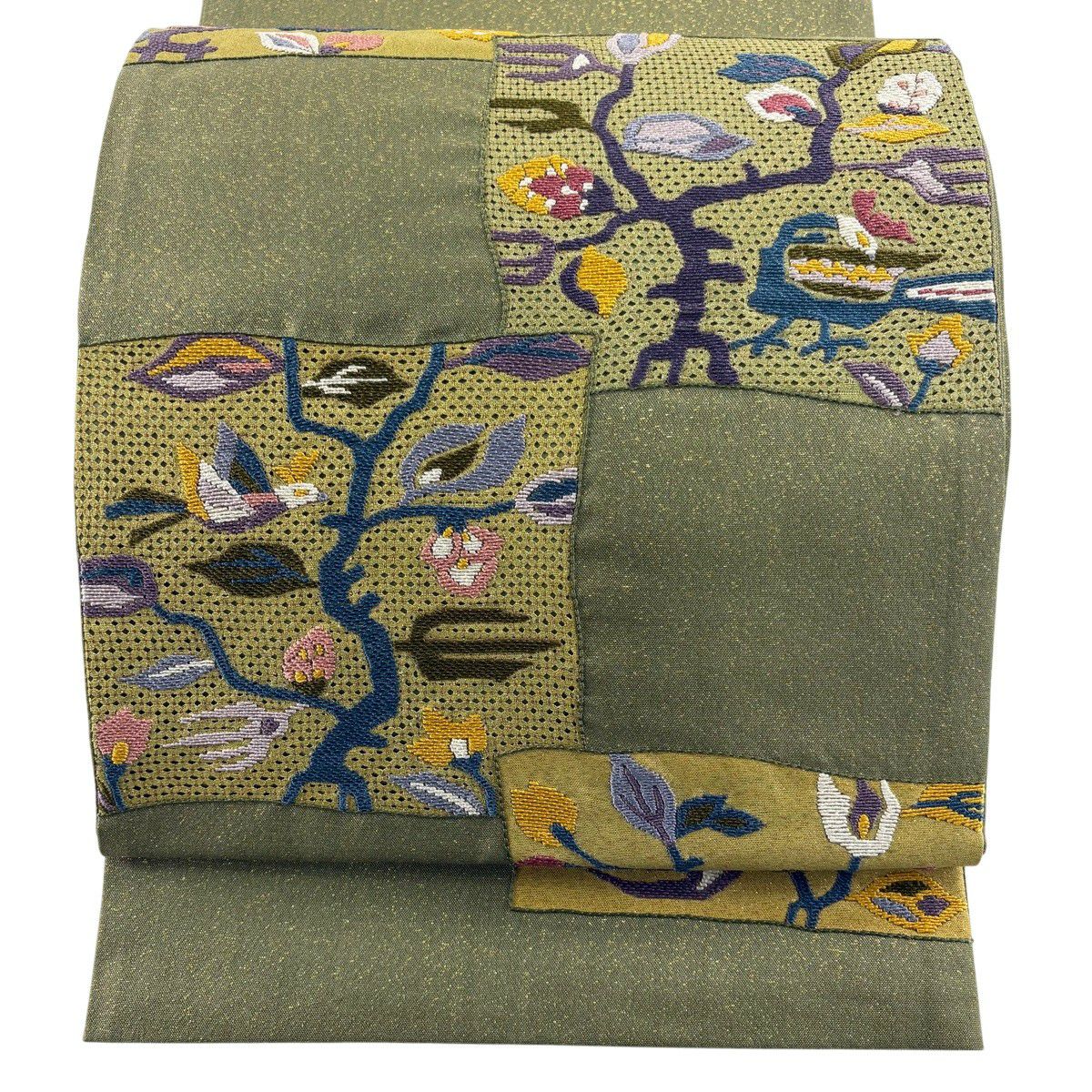 【美品】 袋帶 秀品級 枝花 鳥 刺繡 金金箔 鶯 深藍色 お太鼓圖案 純蠶絲