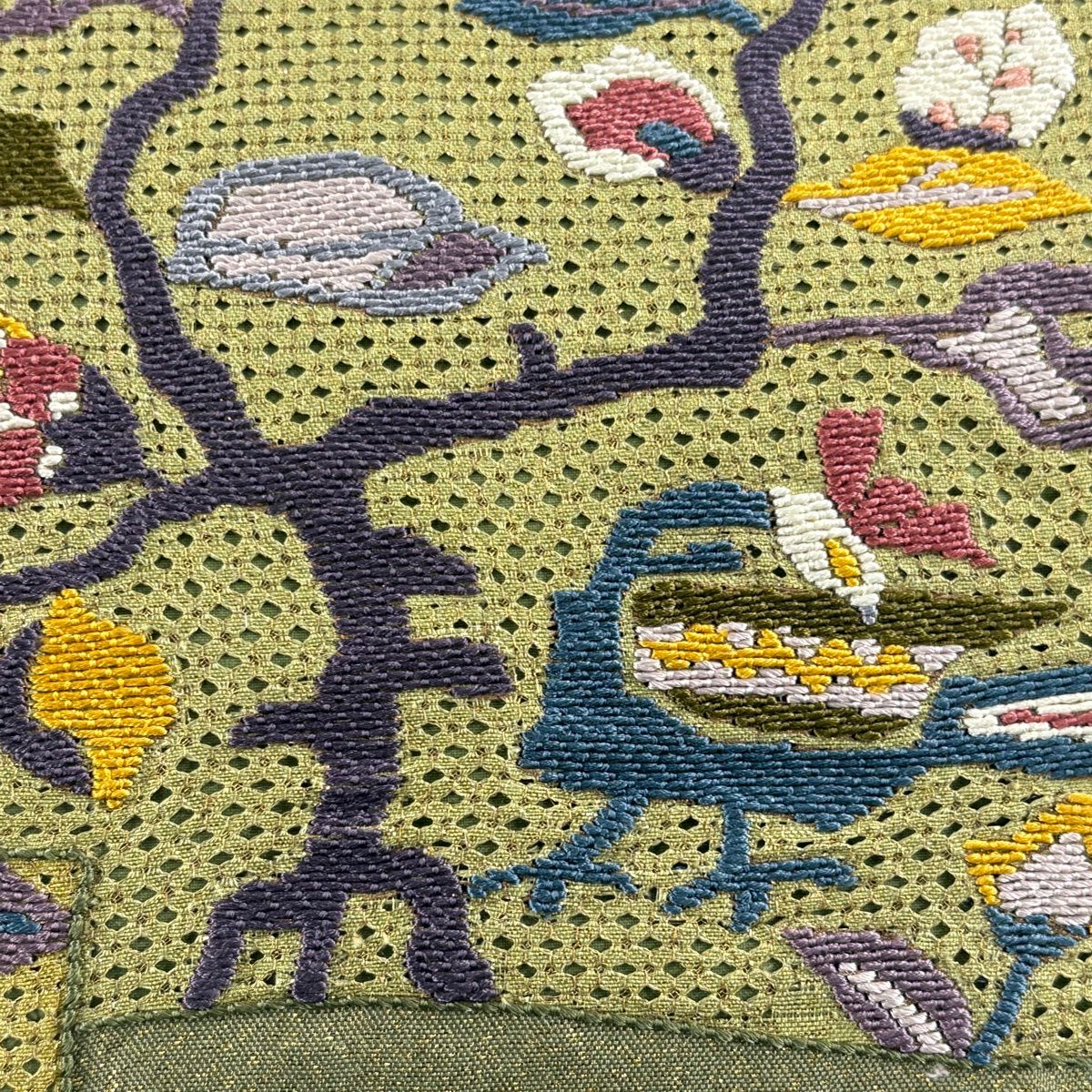 【美品】 袋帶 秀品級 枝花 鳥 刺繡 金金箔 鶯 深藍色 お太鼓圖案 純蠶絲