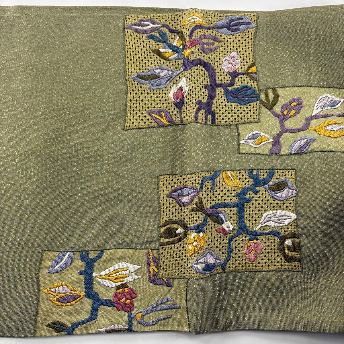 【美品】 袋帶 秀品級 枝花 鳥 刺繡 金金箔 鶯 深藍色 お太鼓圖案 純蠶絲