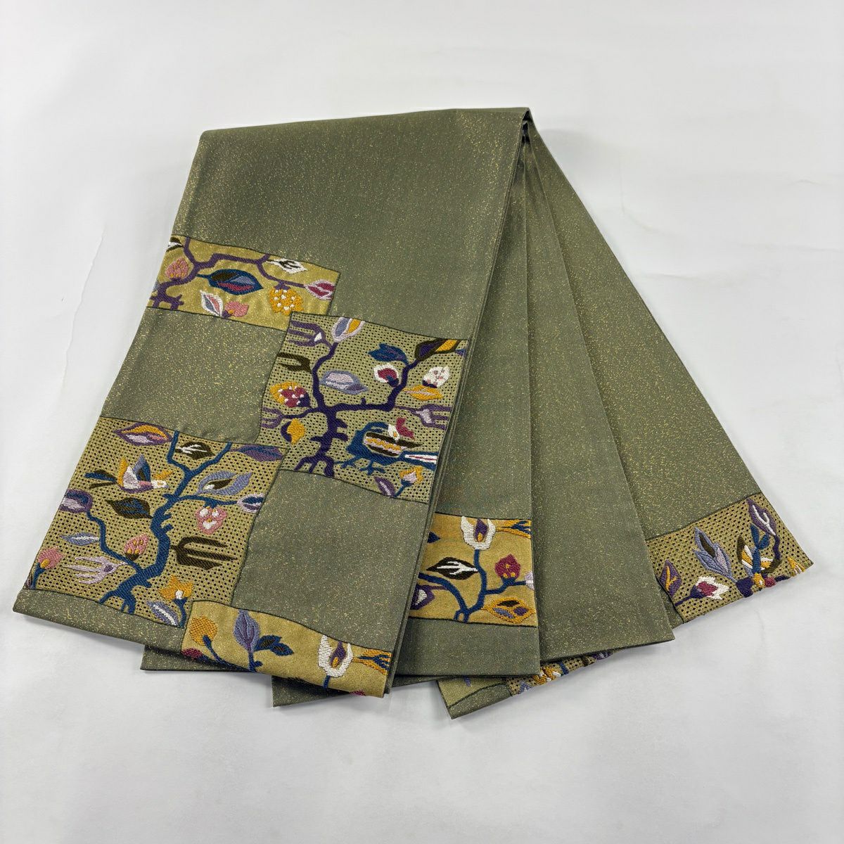 【美品】 袋帶 秀品級 枝花 鳥 刺繡 金金箔 鶯 深藍色 お太鼓圖案 純蠶絲