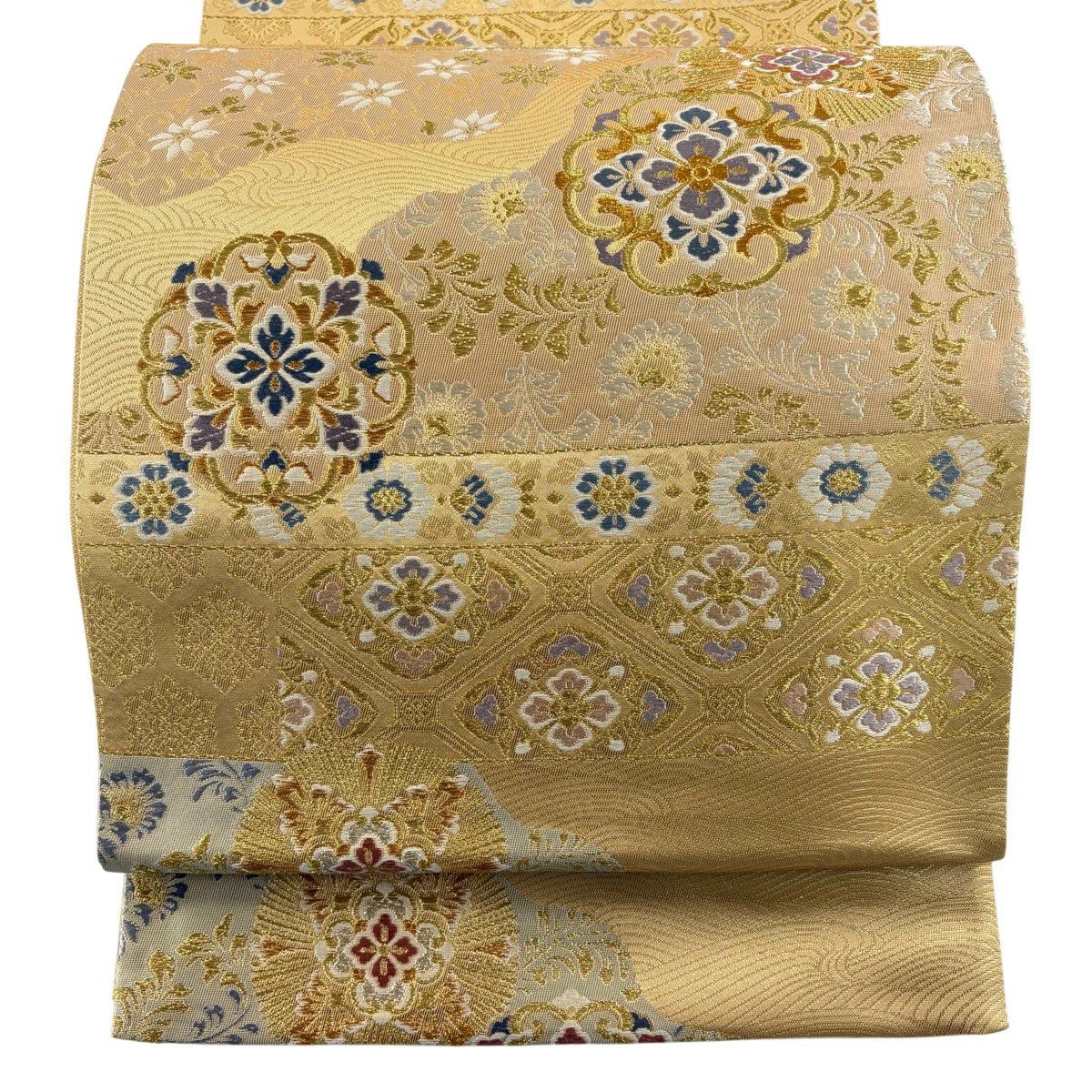 【美品】 袋帶 秀品級 名物裂段華紋 花唐草紋 金金箔 唐織 米色 六通 純蠶絲