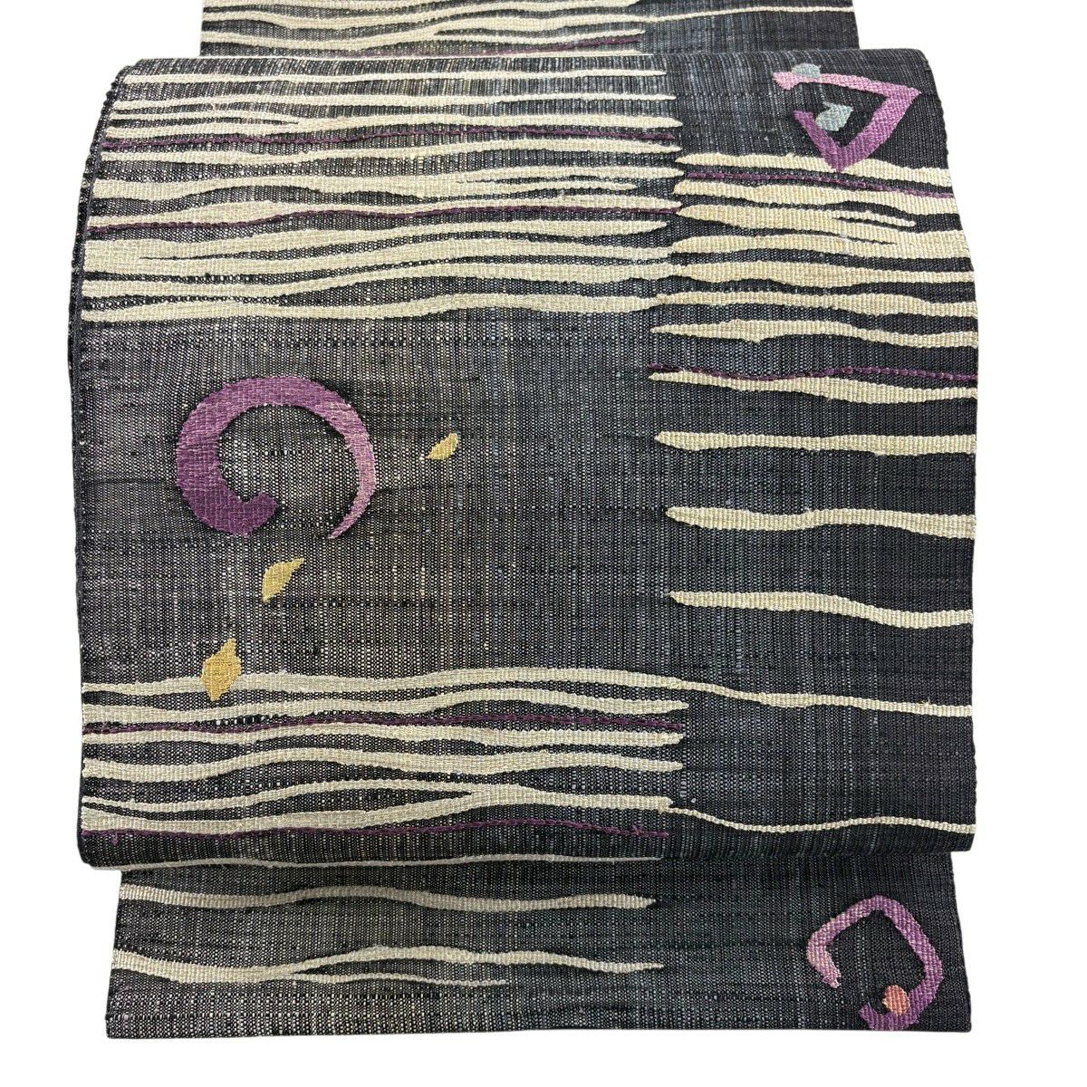 【美品】 袋帶 秀品級 附有落款 紬織織地 縞紋 幾何圖案 金絲 黑灰 六通 純蠶絲