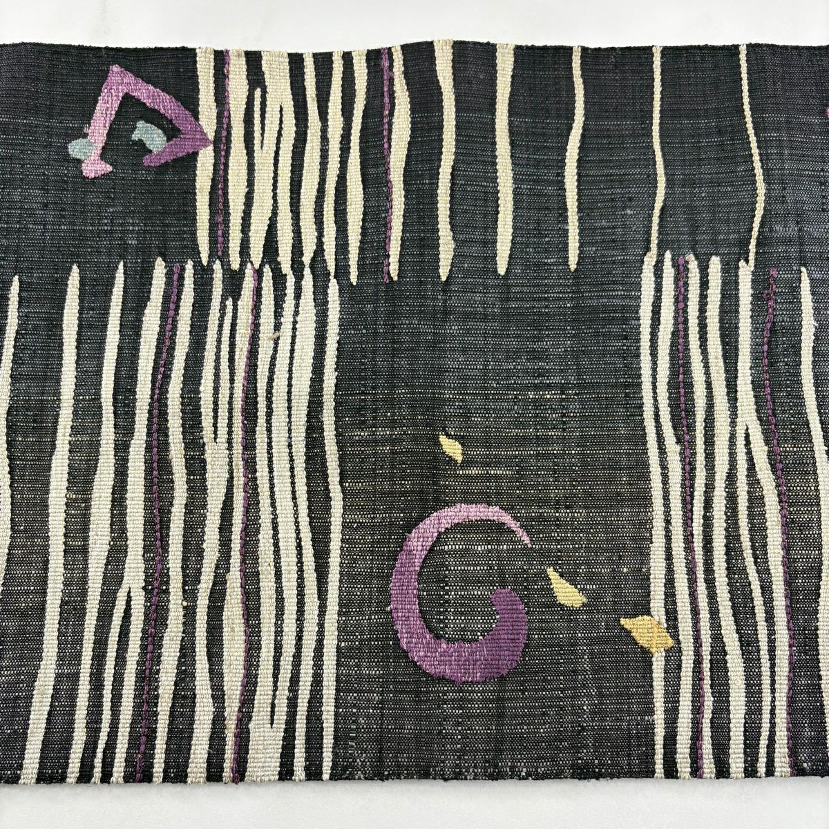 【美品】 袋帶 秀品級 附有落款 紬織織地 縞紋 幾何圖案 金絲 黑灰 六通 純蠶絲