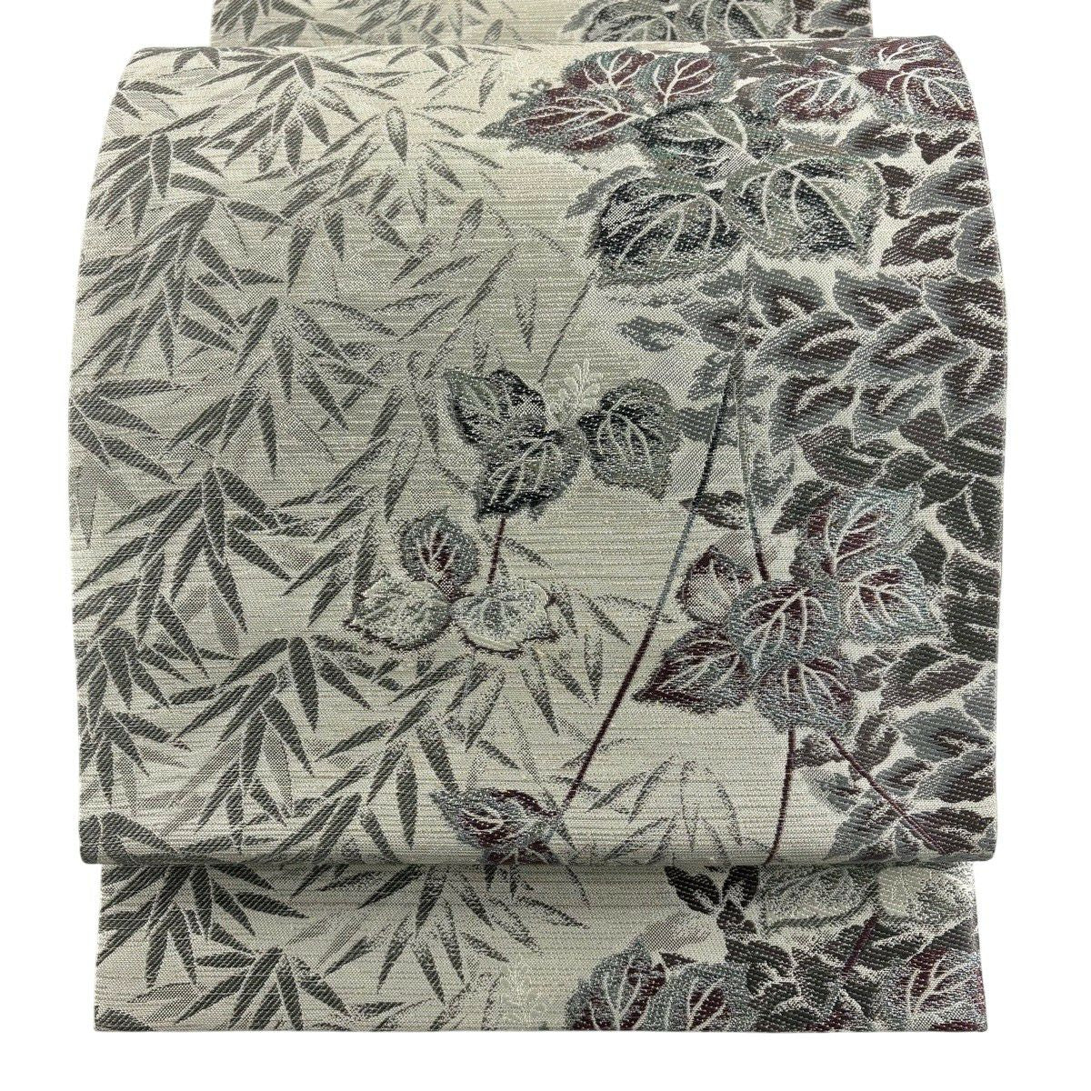 【美品】 袋帶 秀品級 大和 竹子葉紋 金銀彩 灰色 六通 純蠶絲