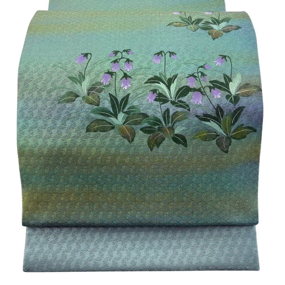【美品】 袋帶 秀品級 落款 草花紋 霞 銀線 漸層 青綠 大鼓圖案 純蠶絲