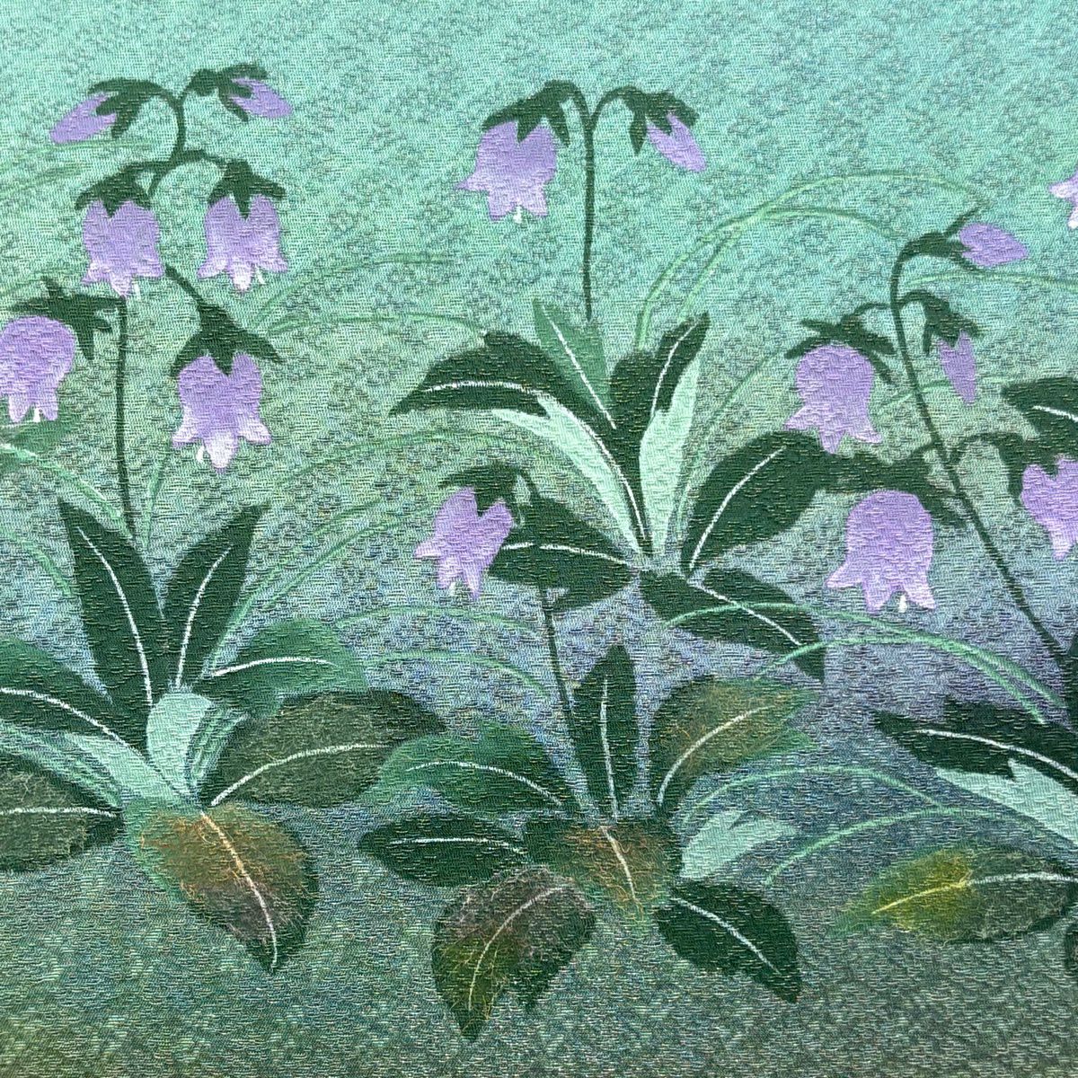 【美品】 袋帶 秀品級 落款 草花紋 霞 銀線 漸層 青綠 大鼓圖案 純蠶絲