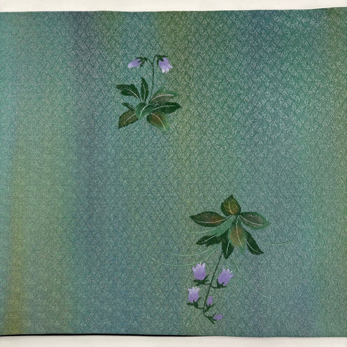 【美品】 袋帶 秀品級 落款 草花紋 霞 銀線 漸層 青綠 大鼓圖案 純蠶絲