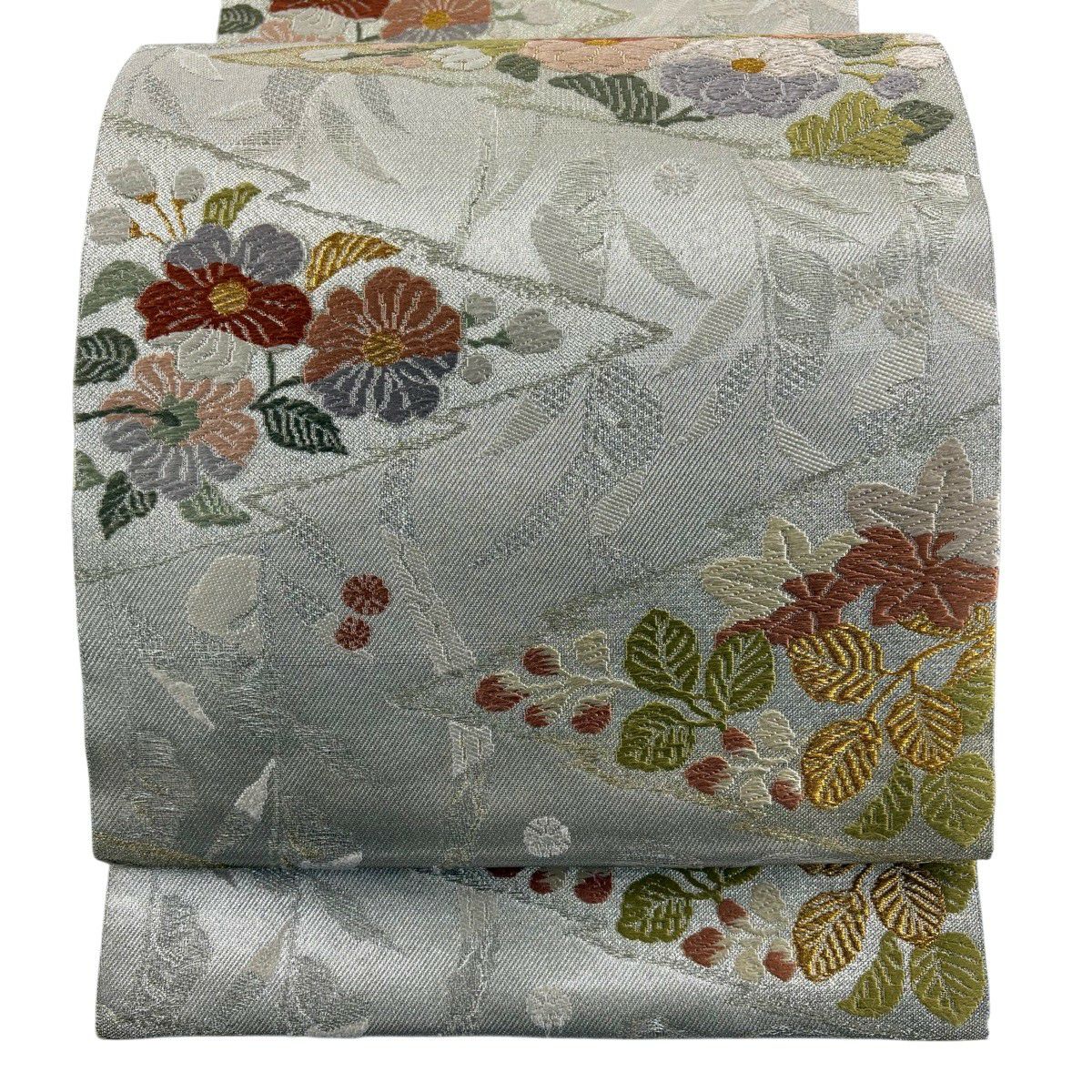 【美品】 袋帶 秀品級 菊花花 櫻花花 唐織 金金箔 灰綠 六通 純蠶絲